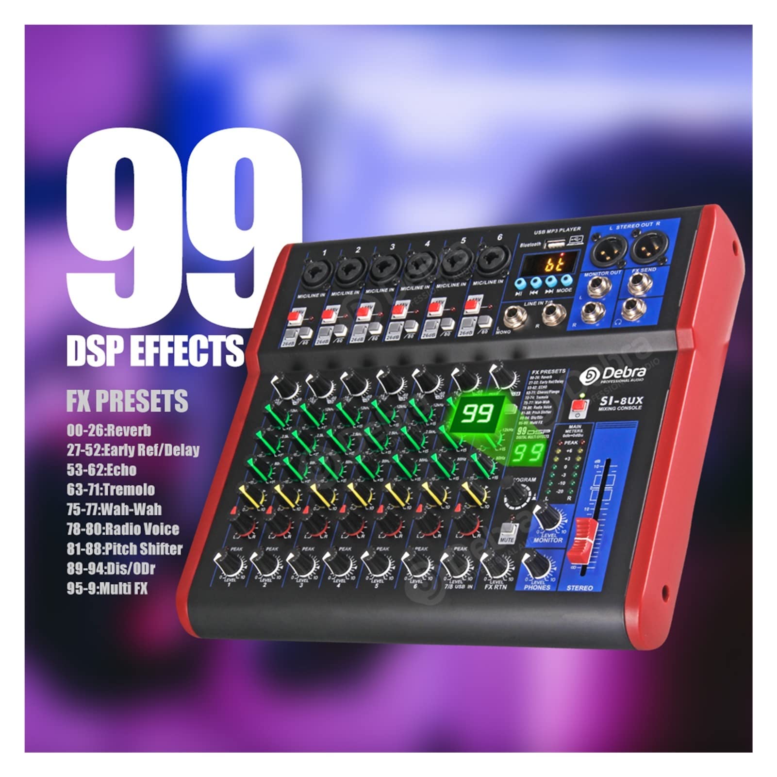 Attrezzatura per DJ per Feste Interfaccia Audio Mixer a 8 canali for DJ Controller della Console di miscelazione Karaoke Recording Studio con 99 Dsp Effetti digitali