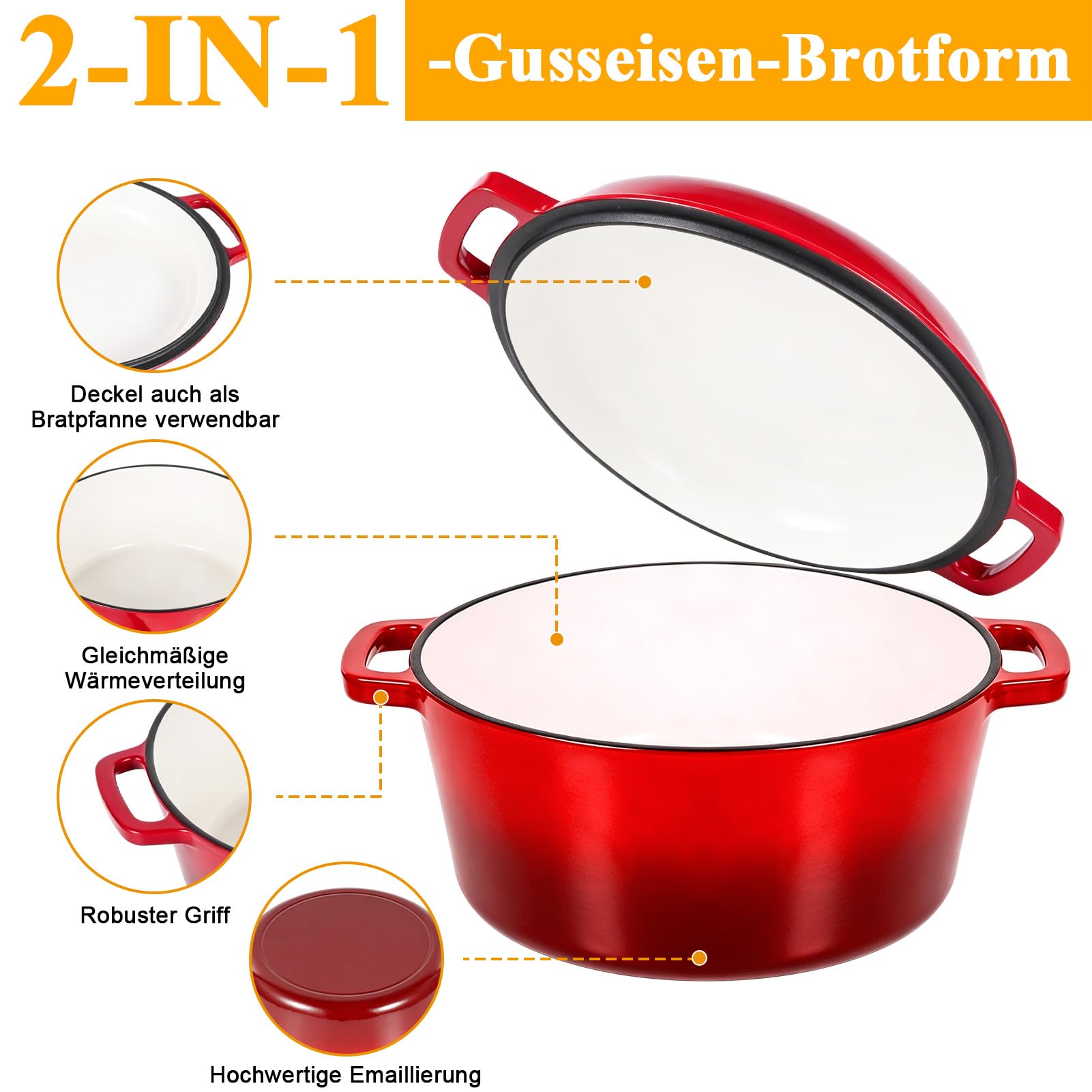 Gusseisen Topf Brot Backen, 5,7L Bräter Emaille Schmortopf mit Deckel und Griffen, 26 cm Dutch Oven, Brotbacktopf für Selbstgemachte mit Zwei-in-Eins-Emaillebeschichtung