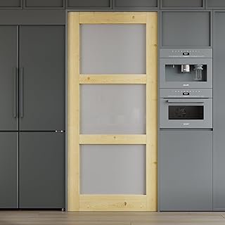 32x80 3-Panel Prebuilt Frosted Glass Wood Door Slab, Sliding Barn Wood Door with Glass, Interior Doors, Solid Natural Pine Panelled Slab, as Storage, Bedroom, Pantry, Laundry Room Doors