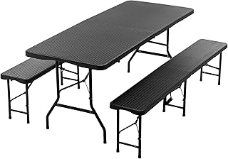 Thanaddo Buffettisch Gartentisch Bierzeltgarnitur Tisch, klappbar 3-teilig Set, 180x74 cm Kunststoff Campingtisch, Rattan-Look für bis zu 8 Personen, robuste wetterfest Biertisch Set, Anthrazit