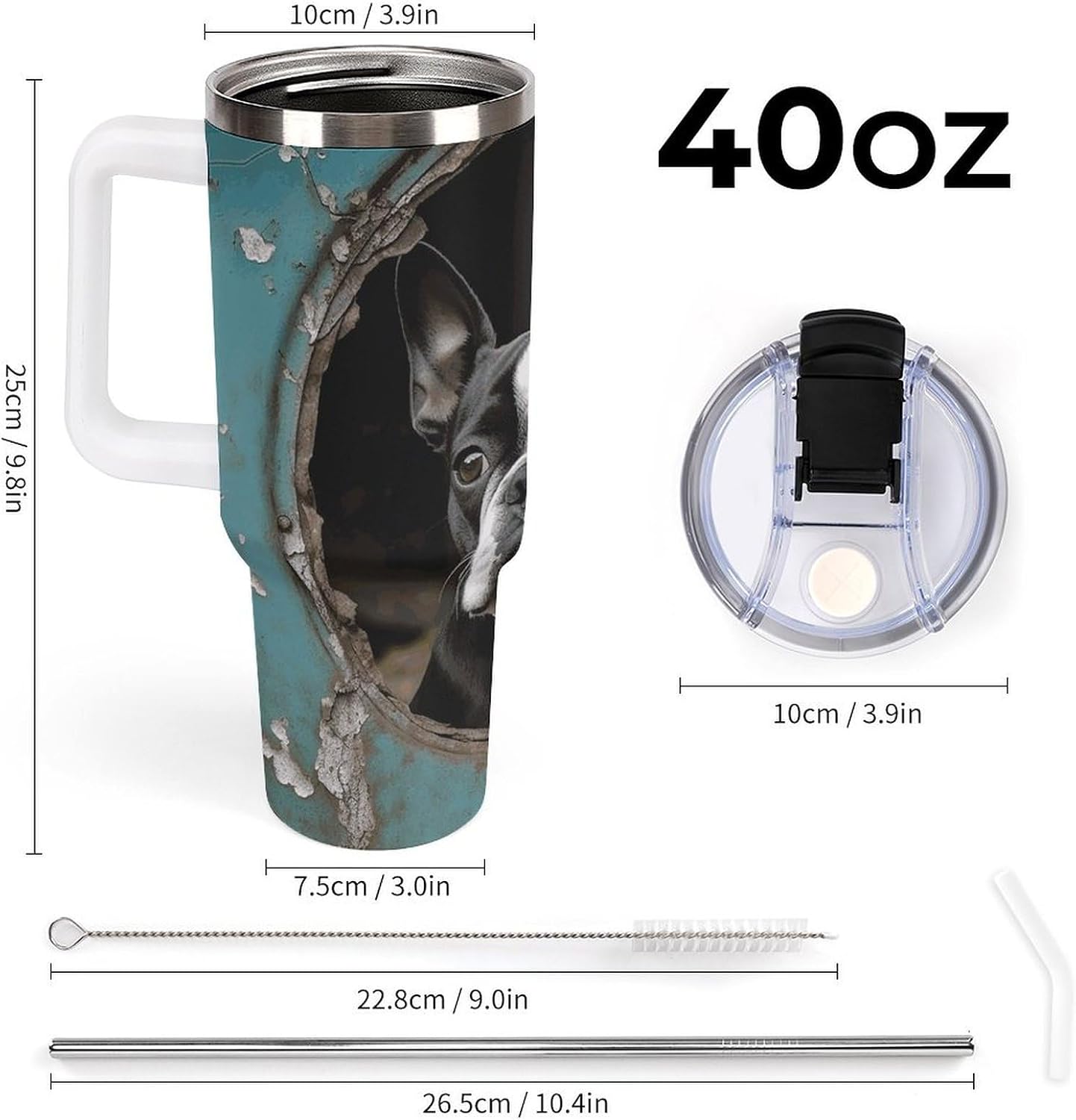 40oz Boston Terrier Tumbler With Handle And Straw Lid Large Capacity Car Cup Insulated Coffee Mug Stainless Steel Water Cups Travel Coffee Cup for Hot/Cold Beverages