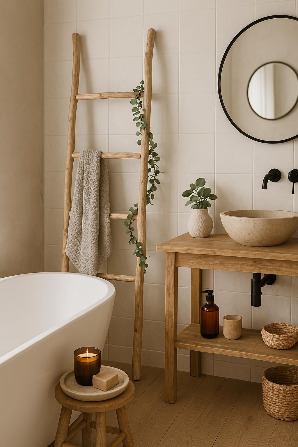Biscottini Escalera toallero baño 148 x 36 x 3 – Escalera decorativa de madera – Toallero de bambú