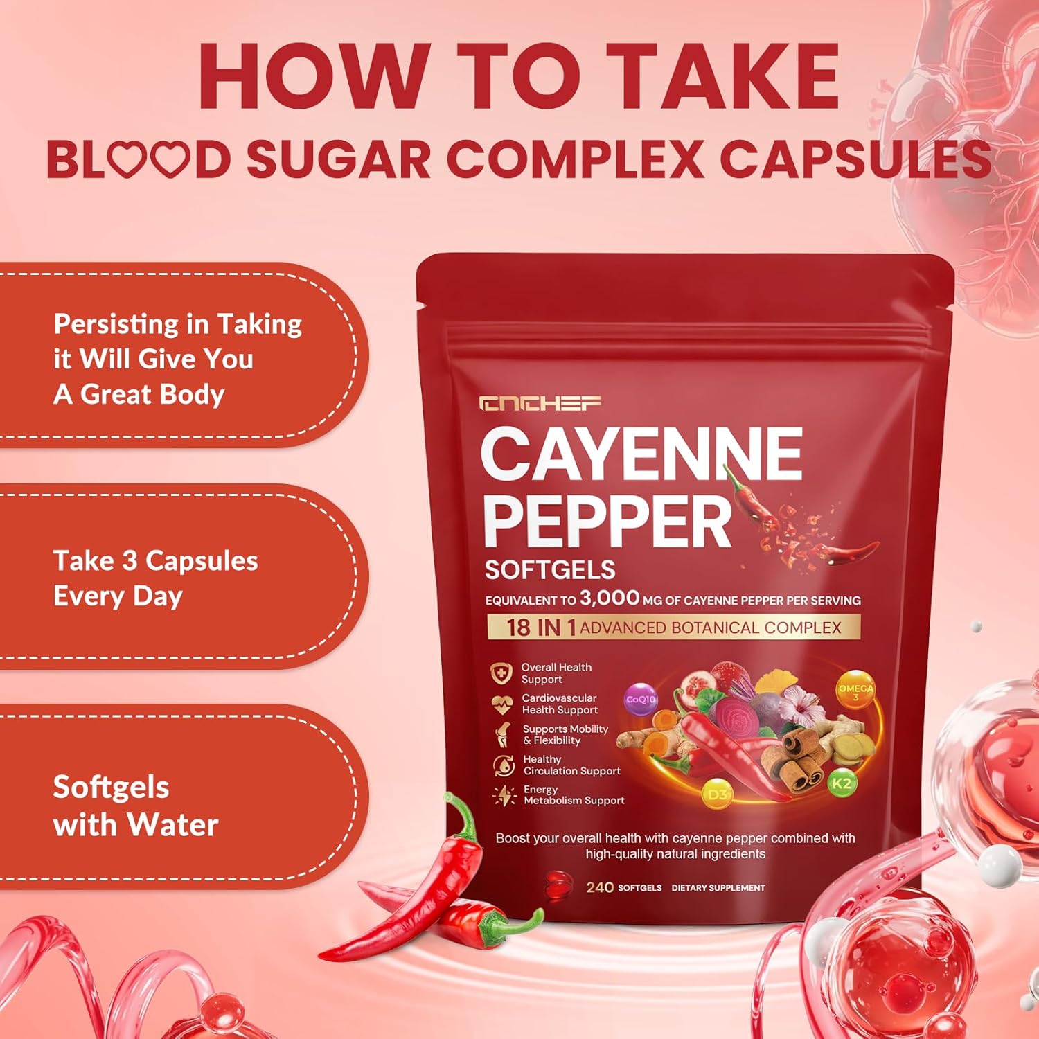 Cayenne Pepper Softgels Supplement, Cayenne Pepper Capsules with VitaminD3+K2,Berberine, Q10, Omega-3, Turmeric, Hawthorn, Beetroot, Supports Leg Vein, Digestive & Heart Vessel Health, 240 Softgels - Image 7