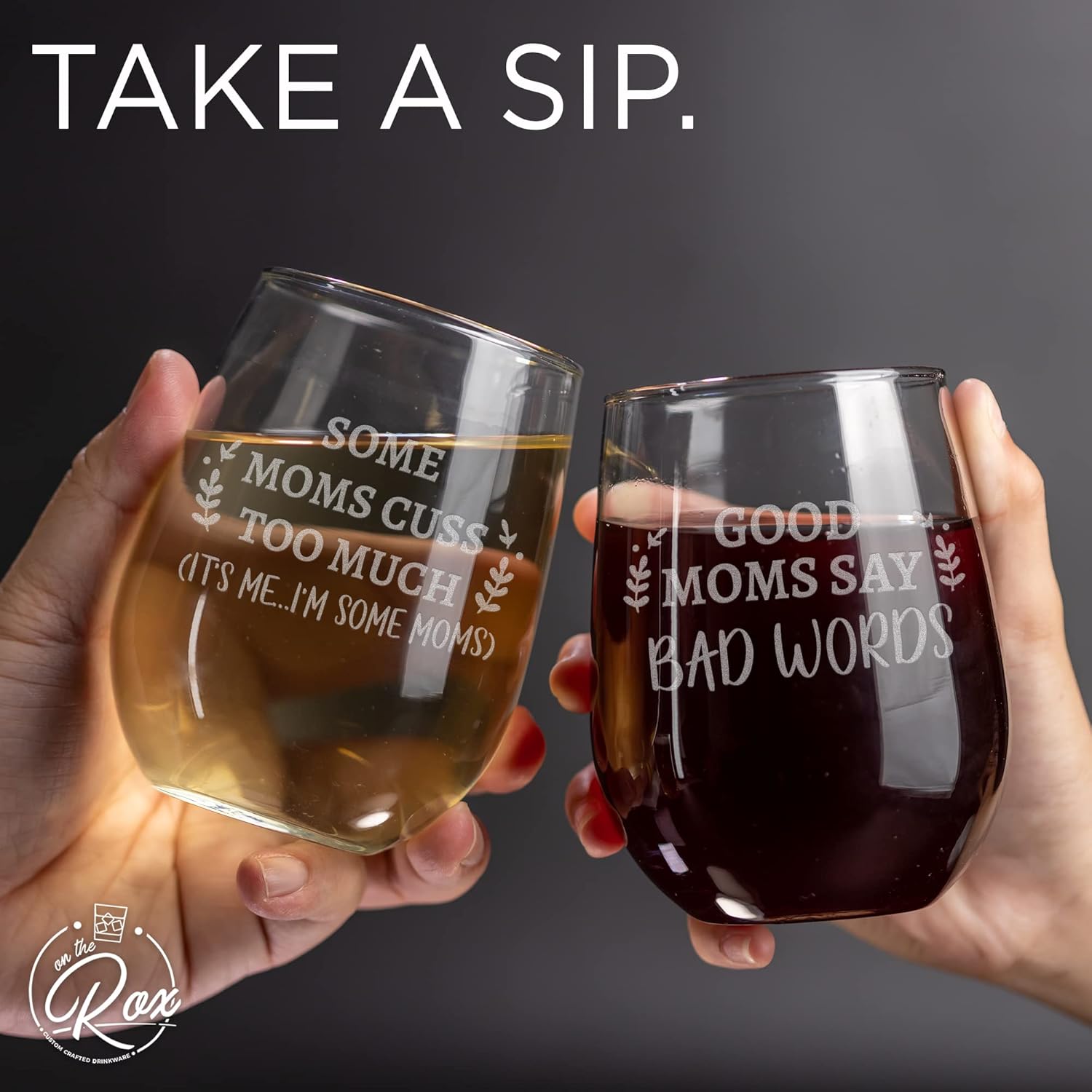 On The Rox Drinks 17oz Good Moms and Some Moms Stemless Wine Glass Set of 2 - Funny Mom Gifts for Mother's Day, Birthday, Thanksgiving