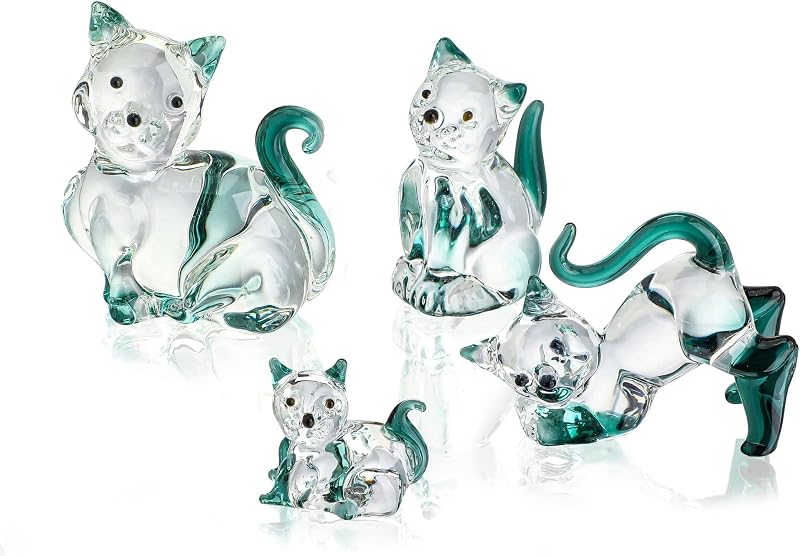 2'' Blown Glass Cat Figurine Collectibles Miniature Glass Animal,Pack of 4