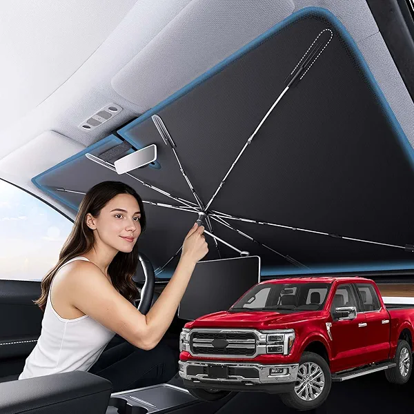 Zanch 2025 Upgraded Car Windshield Sun Shade [Cool Down by 75℉ ] with Heat Insulation Coating, Foldable Sunshade Umbrella with Flexible Handle & Ribs, Large (34''x61'') for Large SUV, Truck,