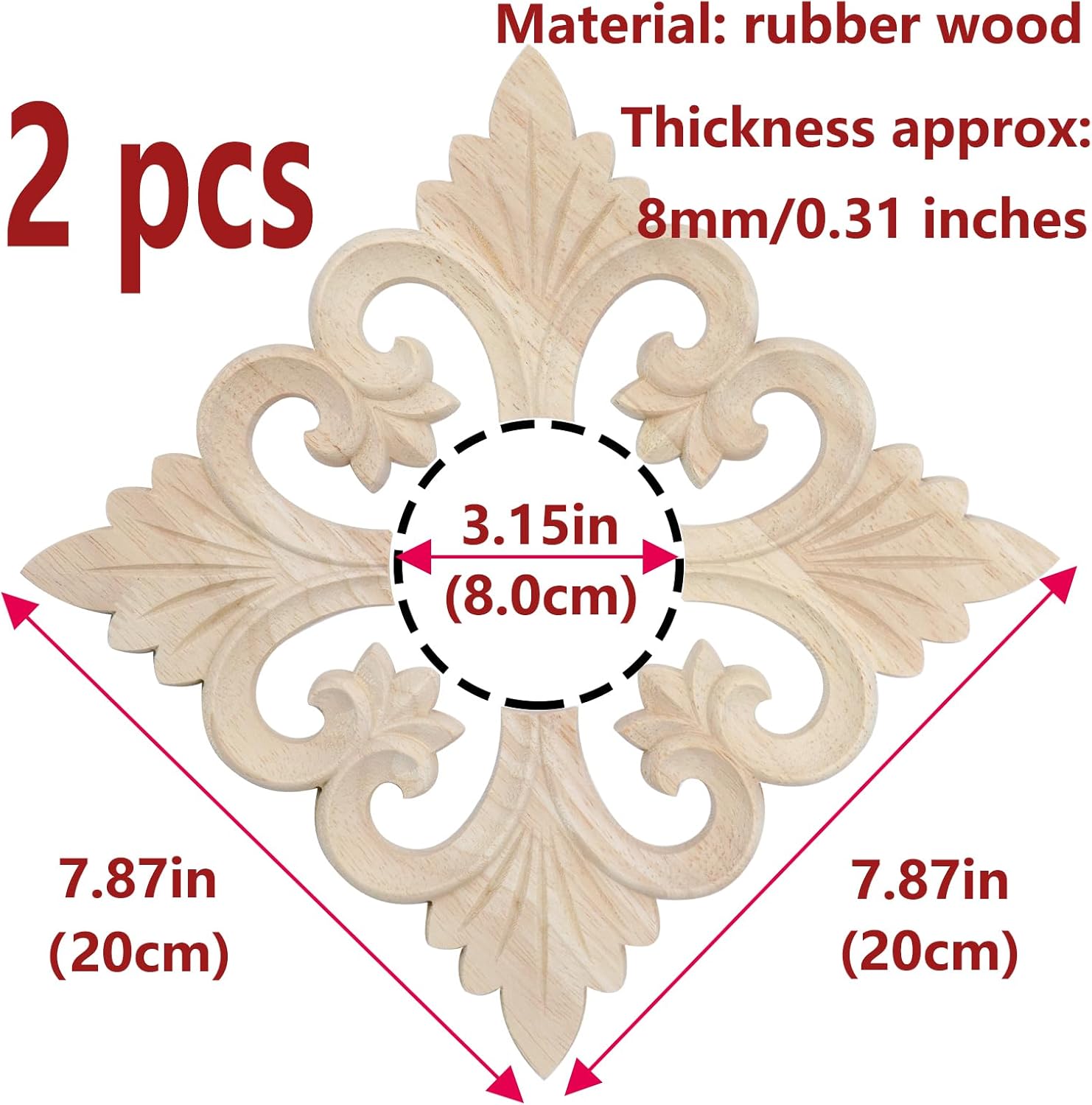 Semetall 2PCS Ceiling Medallion Decorative Ceiling Fan Medallion Home Lighting Ceiling Medallion Ring for Light Fixtures Ceiling Fans Chandeliers,7.87"x7.87"x3.15"ID Rubber Wood-H Style