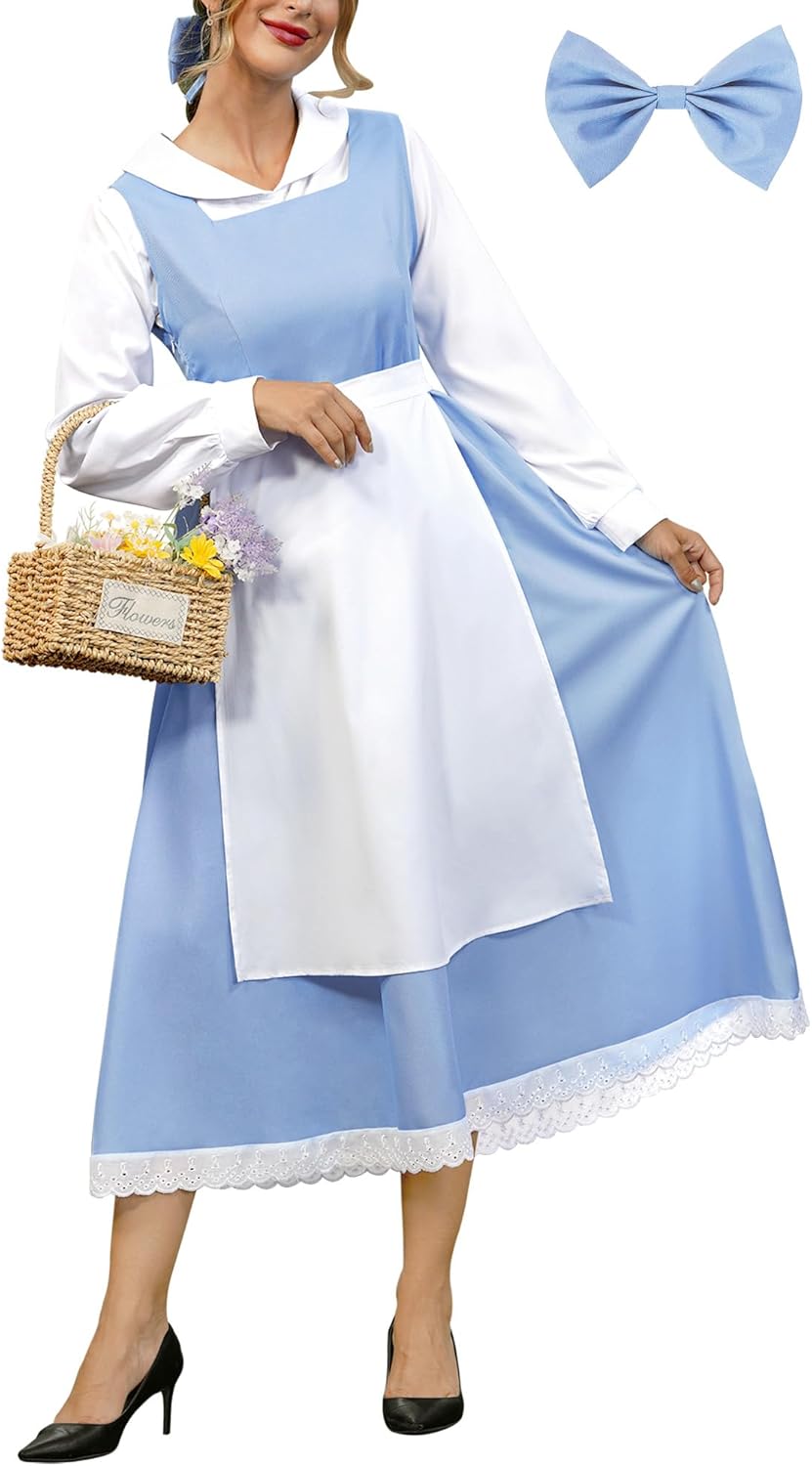 Women Halloween Maid Beller Adult Costume Peter Pan Collar Peasant Apron Long Sleeve Cosplay Princess Dress Blue White M