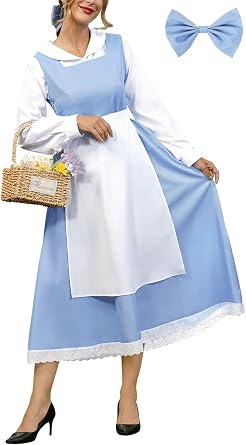 ALIREVERIE Women Halloween Maid Adult Beller Party Costume Peasant Long Sleeve Pretty Peter Pan Collar Apron Dress Blue White L