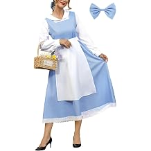 ALIREVERIE Women Halloween Apron Adult Beller Costume Peter Pan Princess Collar Beauty Long Sleeve Peasant Maid Dress Blue White XL