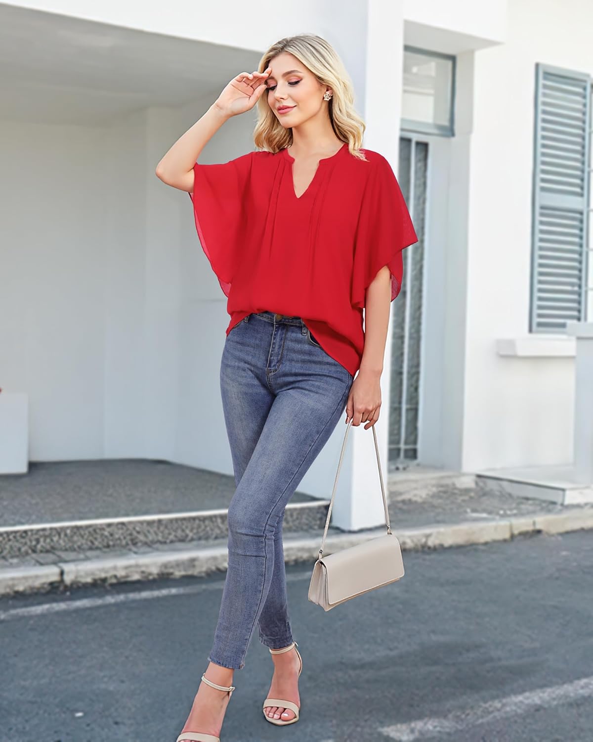 VALOLIA Womens Blouses Dressy Casual V Neck Chiffon Ruffle Short Sleeve Shirts Double Layers Tops - Image 3