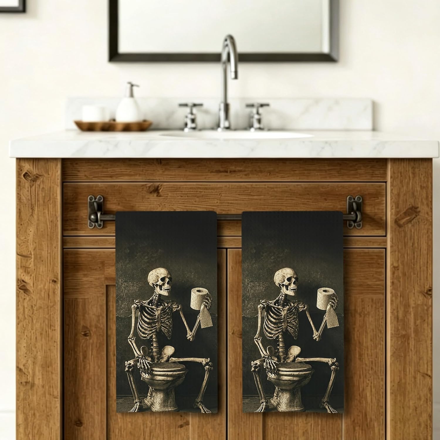 Gothic Skeleton Bathroom Hand Towels 16x24 Inch | Gothic Bathroom Decor Accessories,Funny Goth Skull on Toilet Decorative Hand Towels for Bath Room