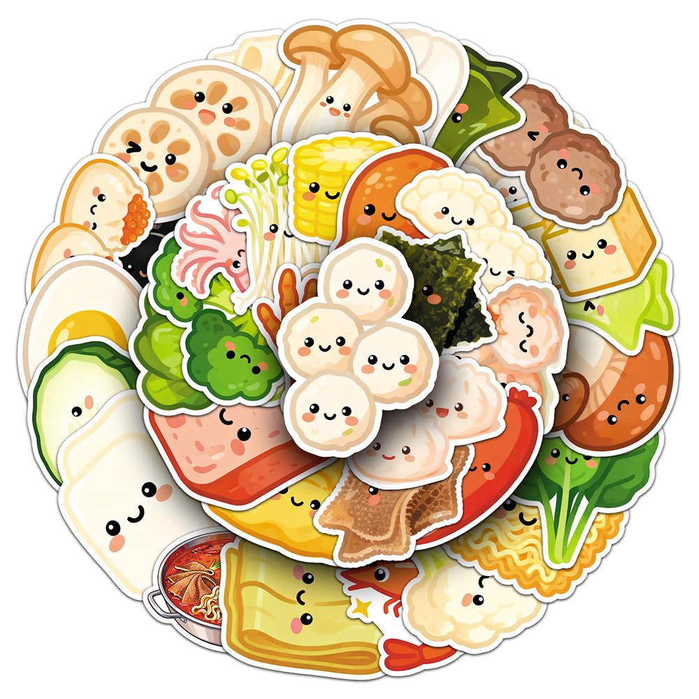 Unique Hot Pot Ingredients Vinyl Stickers, 50 PCS Waterproof Cartoon Food Decals for Laptops, Scrapbooking, Journals, Notebooks, Water Bottles, Suitcases, Phones & DIY Decor