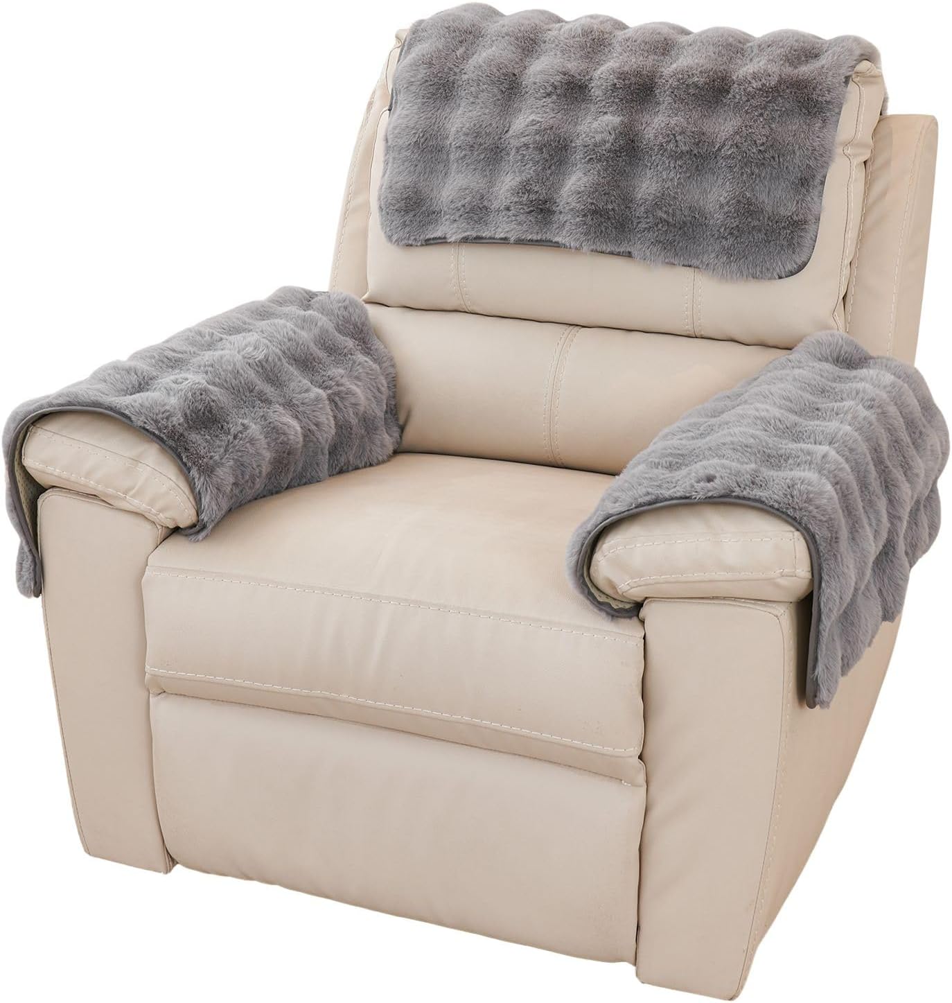 vctops 3 Pieces Faux Rabbit Fur Sofa Armrest Cover for Recliner Chair Non Slip Fluffy Furry Headrest Cover Soft Fuzzy Couch Cover for Dogs Washable Furniture Protector (Mid Grey,1 Seat)