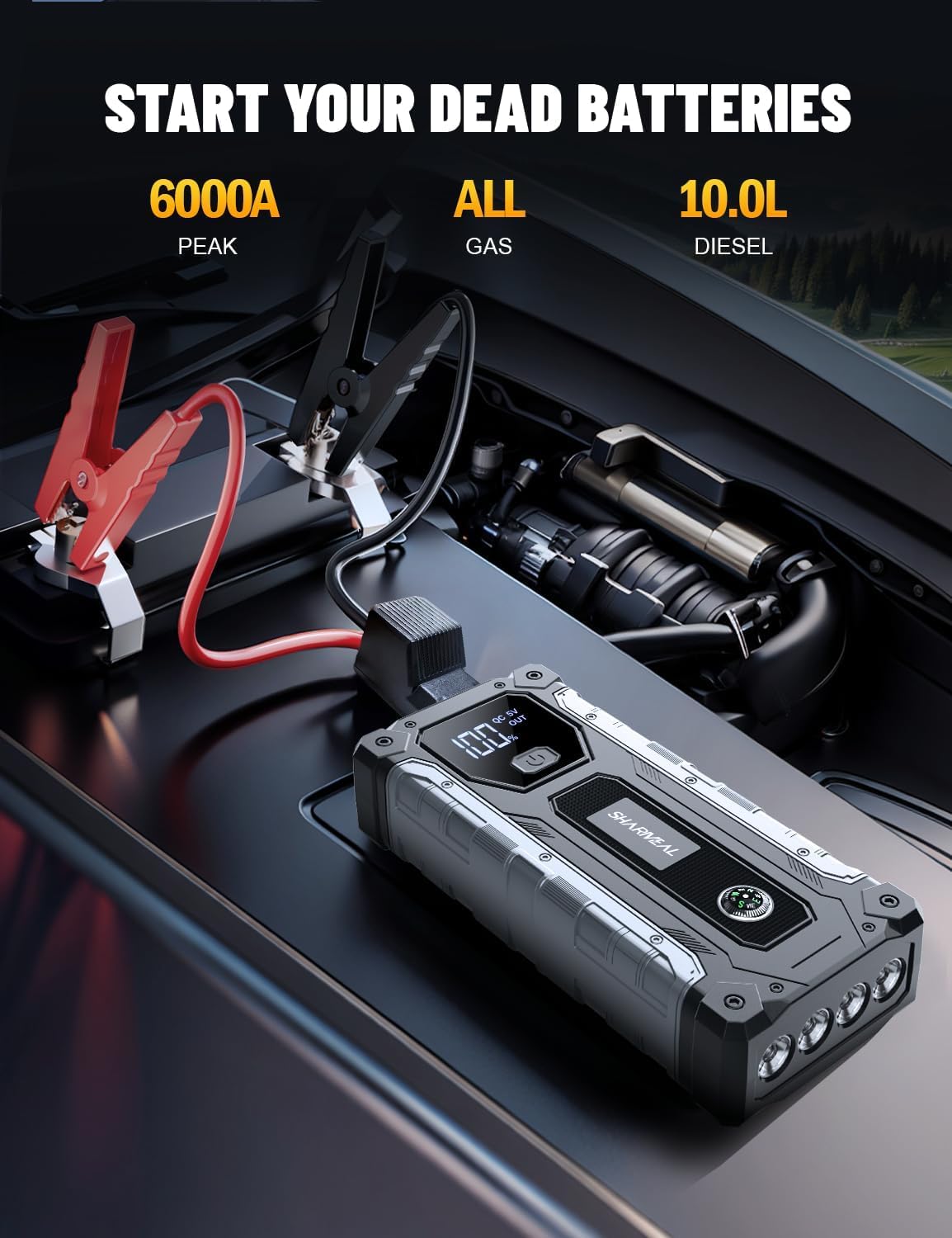 SHARMEAL 10000A Starthilfe Powerbank für Pkw, 12V Auto Starthilfe Powerbank (für alle Benziner oder bis zu 10,0 L Diesel), Booster Auto Starthilfe mit LCD Bildschirm und LED Taschenlampe
