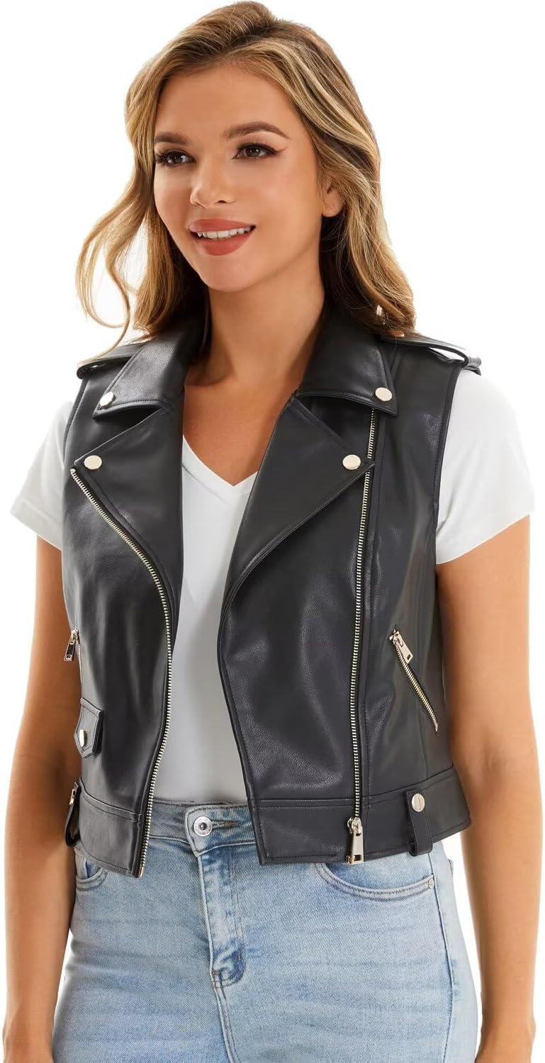 Faux Leather Vest For Women Zipper Cropped Sleeveless Biker Moto Slim PU Motorcycle Waistcoat - Image 2
