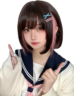 ウィッグ ボブ ショート フルウィッグ かつら レディーズ ストレート 自然 耐熱 小顔効果 wig 女装 原宿 日常 ネット/櫛付き (ブラックピンク)