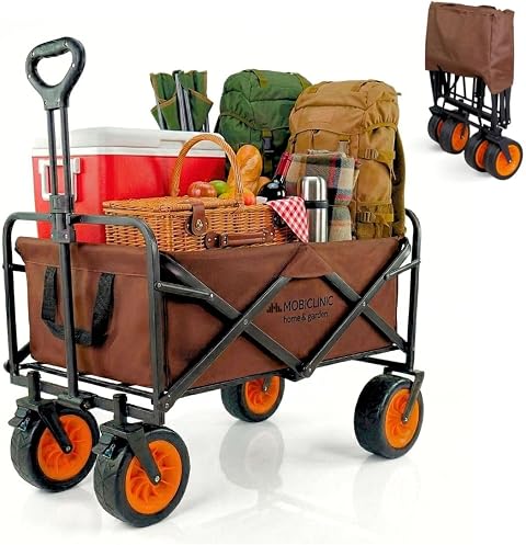 Mobiclinic®, Carro de Transporte Plegable, Playa y Jardín, Asa Ajustable, 100 L, Ruedas Todoterreno Grandes 360º, Bolsillos Extras, hasta 100 kg, 94x56,5x61cm, Impermeable, Marrón, Duna Pro Plus