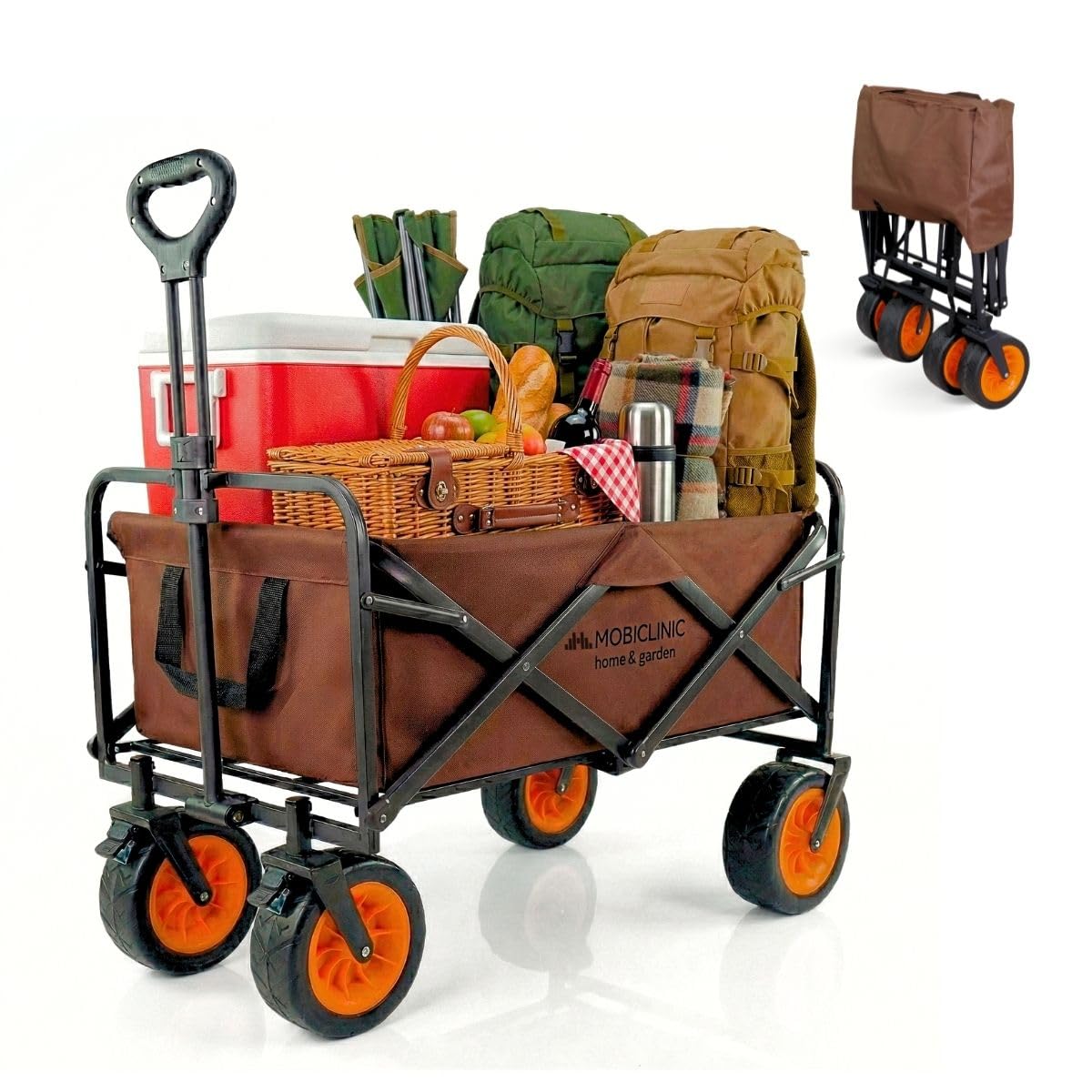 Mobiclinic®, Carro de Transporte Plegable, Playa y Jardín, Asa Ajustable, 100 L, Ruedas Todoterreno Grandes 360º, Bolsillos Extras, hasta 100 kg, 94x56,5x61cm, Impermeable, Marrón, Duna Pro Plus