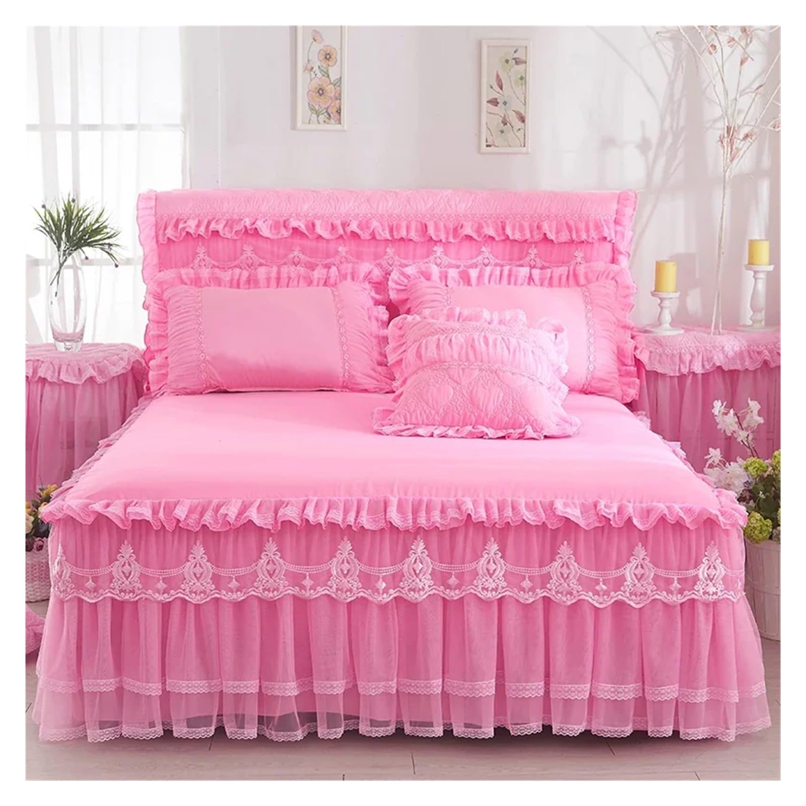3 Pcs Bedding Set Princess Lace Bed Skirts Bedspreads Queen King Size Cute Bed Sheet for Girl Bed Cover Home Textiles(Rose Pink,180x200cm 3pcs)