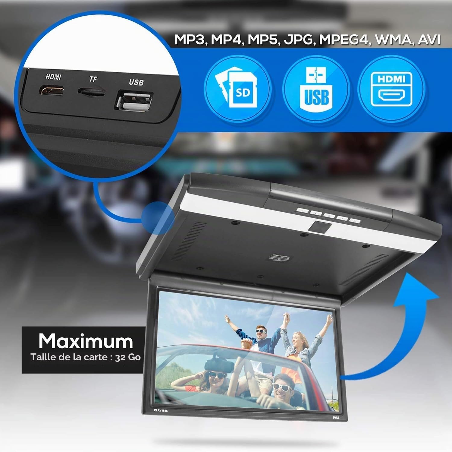 Pyle Écran Plafonnier Voiture 15,6 pouces1680x800 – Moniteur Flip Down avec HDMI USB SD, IR et FM Transmetteur, Lecteur Multimédia, Haut-Parleurs Stéréo Intégrés