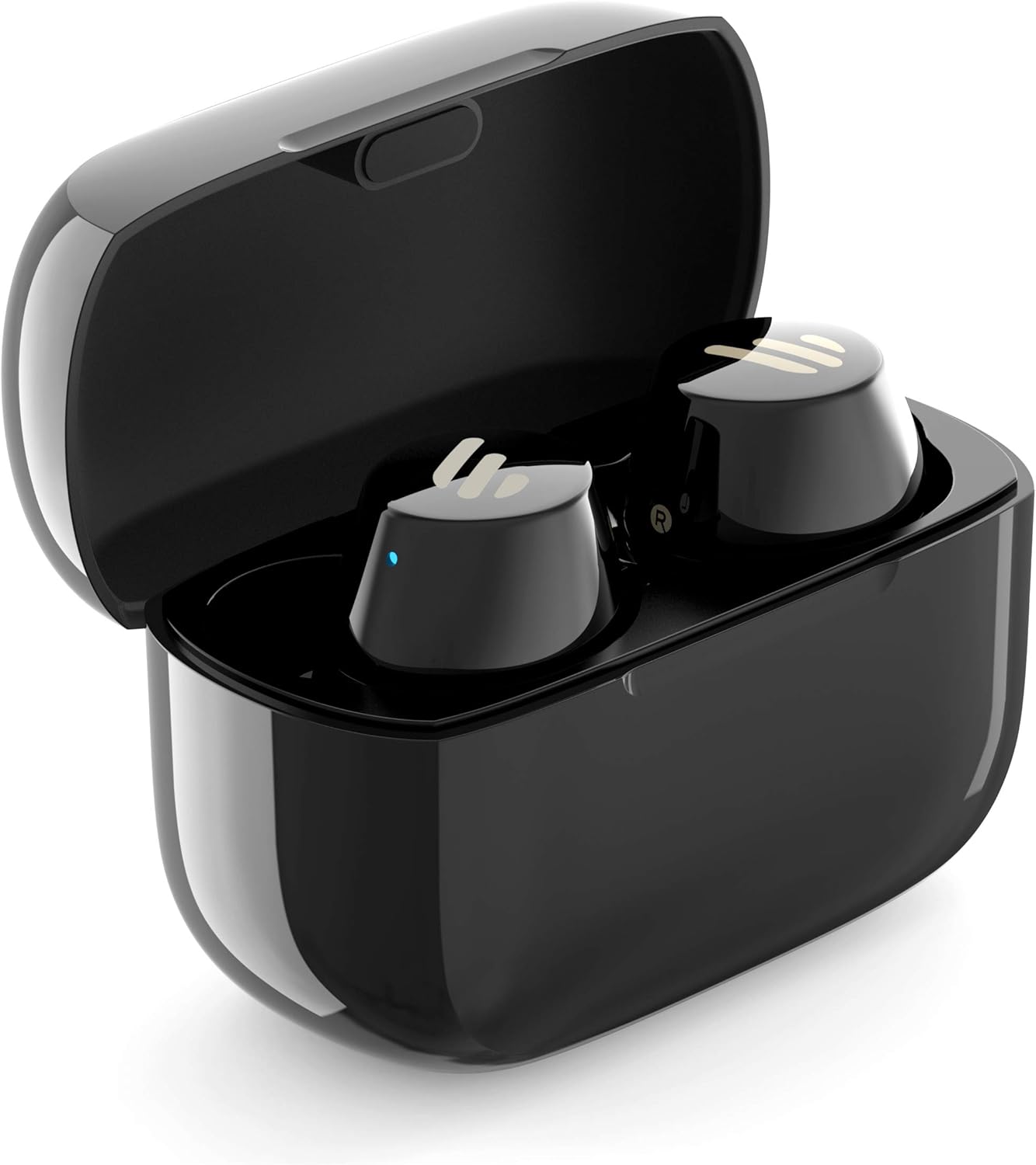 Edifier TWS1 Earbuds inside their open charging case, showing the charging status indicator.