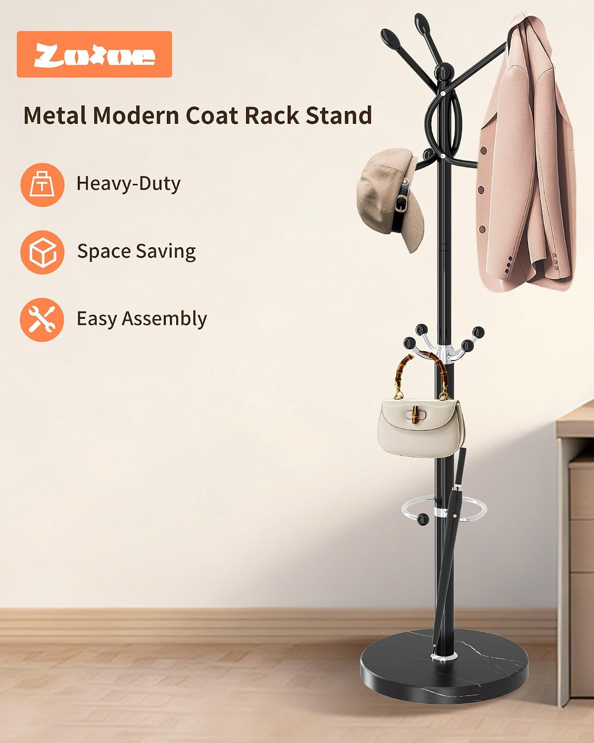 ZOZOE Metal Coat Rack Stand, Modern Coat Rack Freestanding with Natural Marble Base, Sturdy Coat Racks with 10 Hooks & Umbrella Holder,Black Coat Tree Hanger Stand for Bags,Hats,Entryway,Office