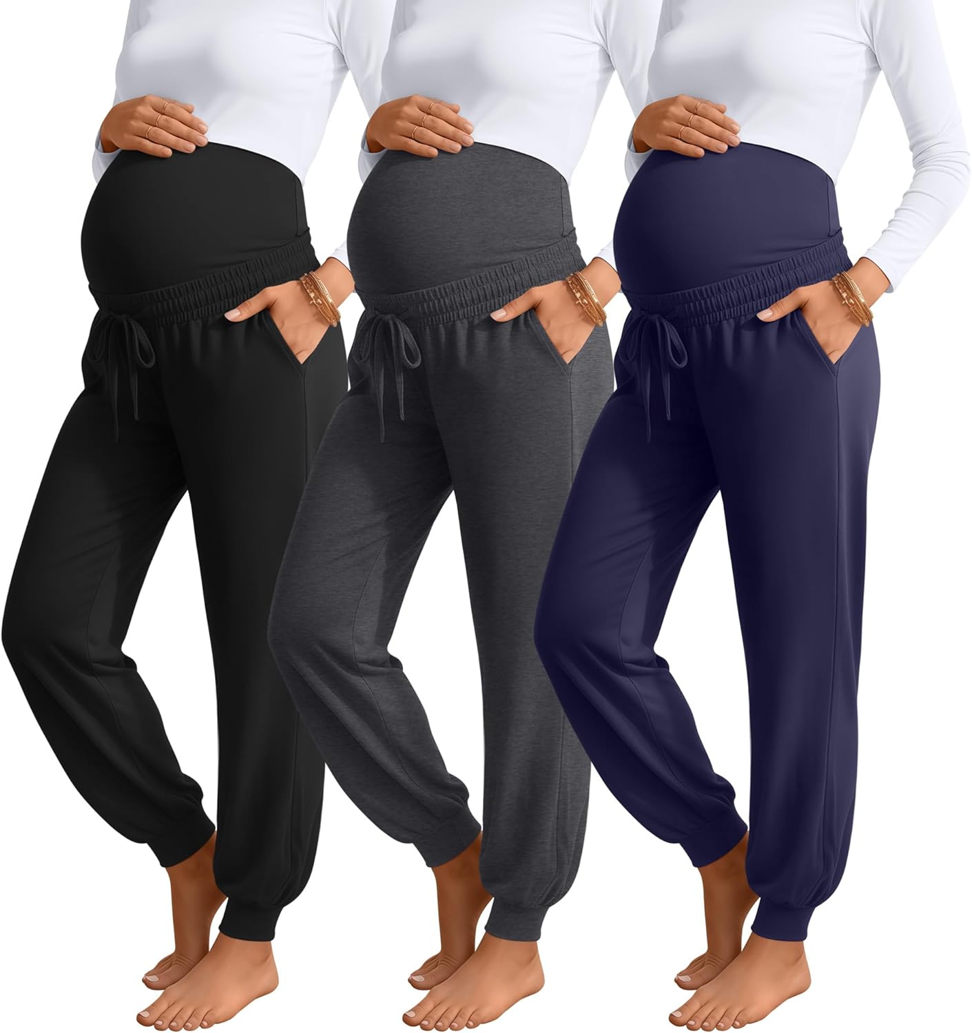 3 Pack Women's Maternity Pants Over Belly Maternity Casual Pants Loose Drawstring Pregnancy Joggers with Pockets