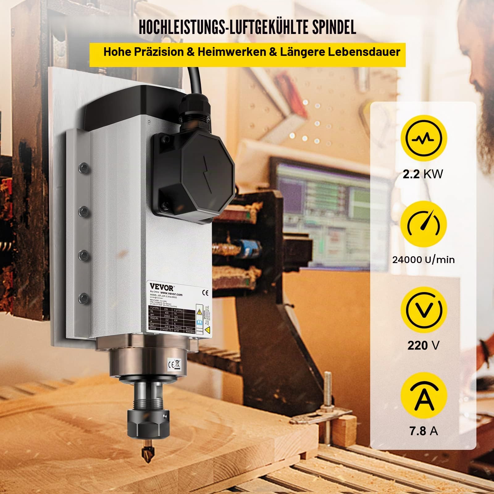 VEVOR Luftgekühlter Spindelmotor mit VFD Inverter-Set, 2,2 kW ER20 CNC Motor für Luftgekühlte Gravierspindelmotor Spindelmotor zum Schnitzen von Materialien wie Holz, Stein usw