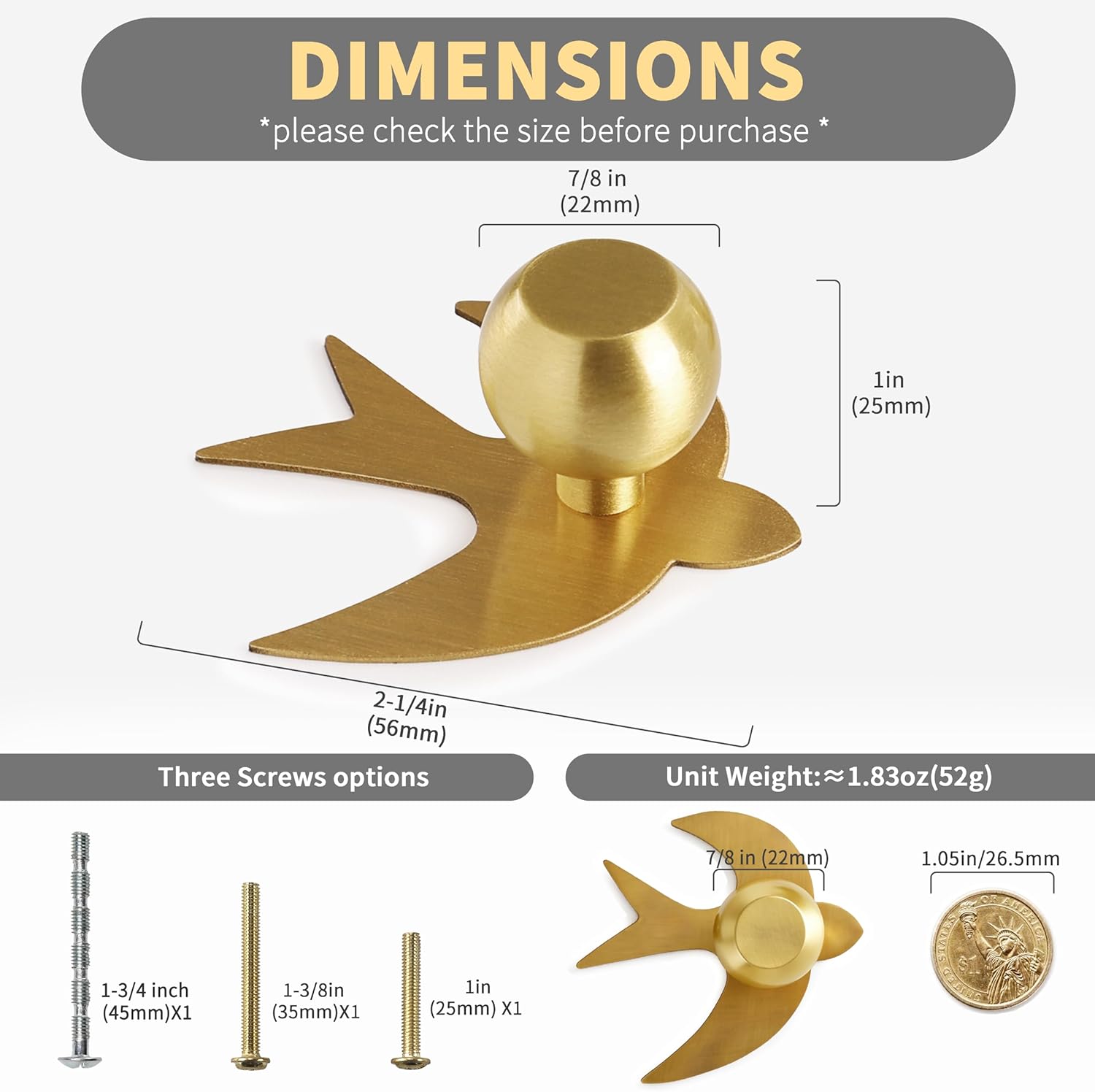 4-Pack Solid Brass Gold Cabinet Knobs, Modern Bird Swallow Dresser Handles for Brushed Brass Kitchen Pulls and Vanity Cabinet Hardware with Base Backplate