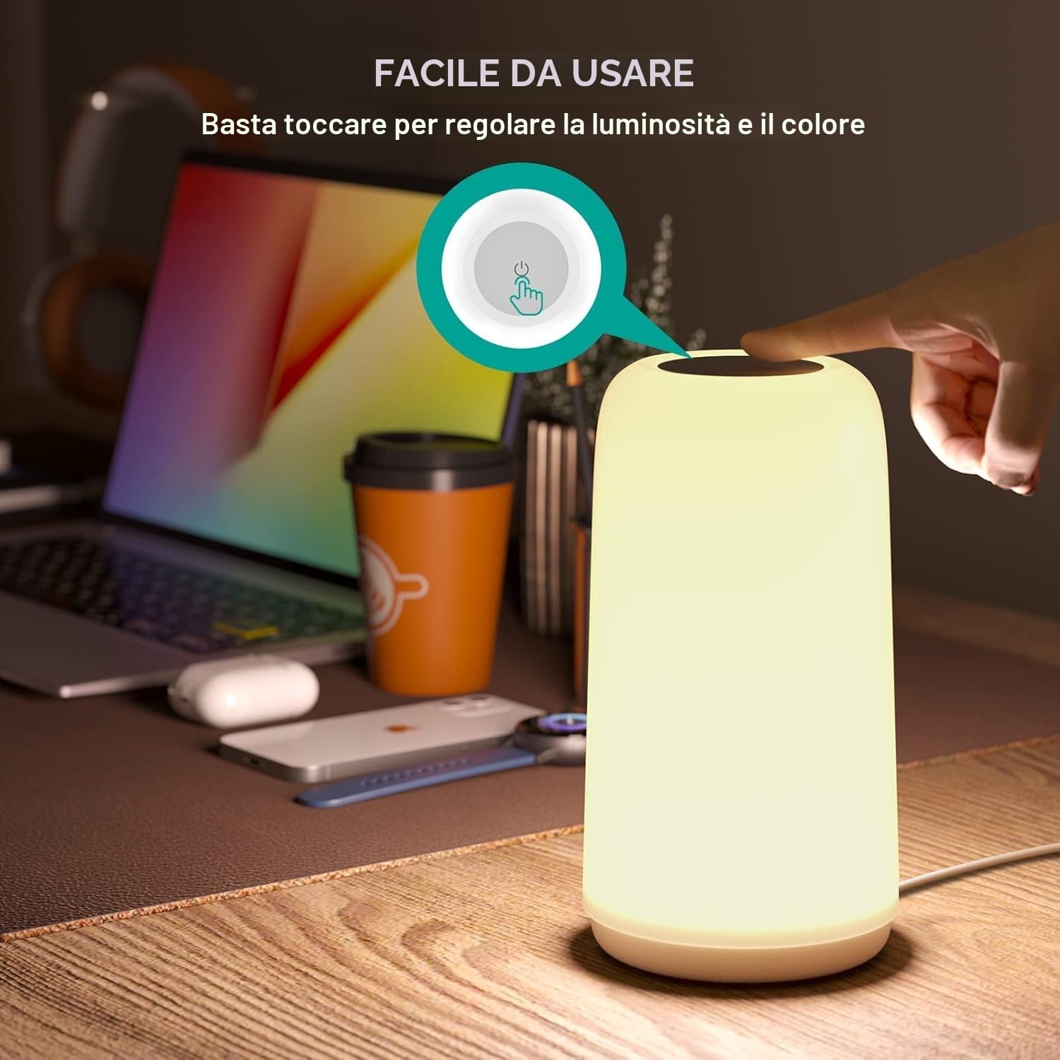 ROOTRO Lampada da comodino a LED touch dimmerabile, [design elegante e modalità RGB] 3 livelli di luminosità, lampada da tavolo per camera da letto, luce bianca calda, lampada intelligente colorata