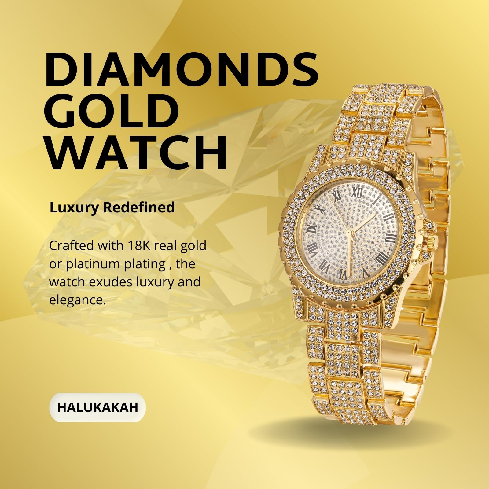 HALUKAKAH Orologio con Diamanti in Oro per Bambini - Placcato in Oro 18 Carati/Platino,Quadrante Rotondo 39mm,Quarzo Giapponese - Lunghezza 19cm - Opzionale con Catena Cubana,con Strumento Regolatore