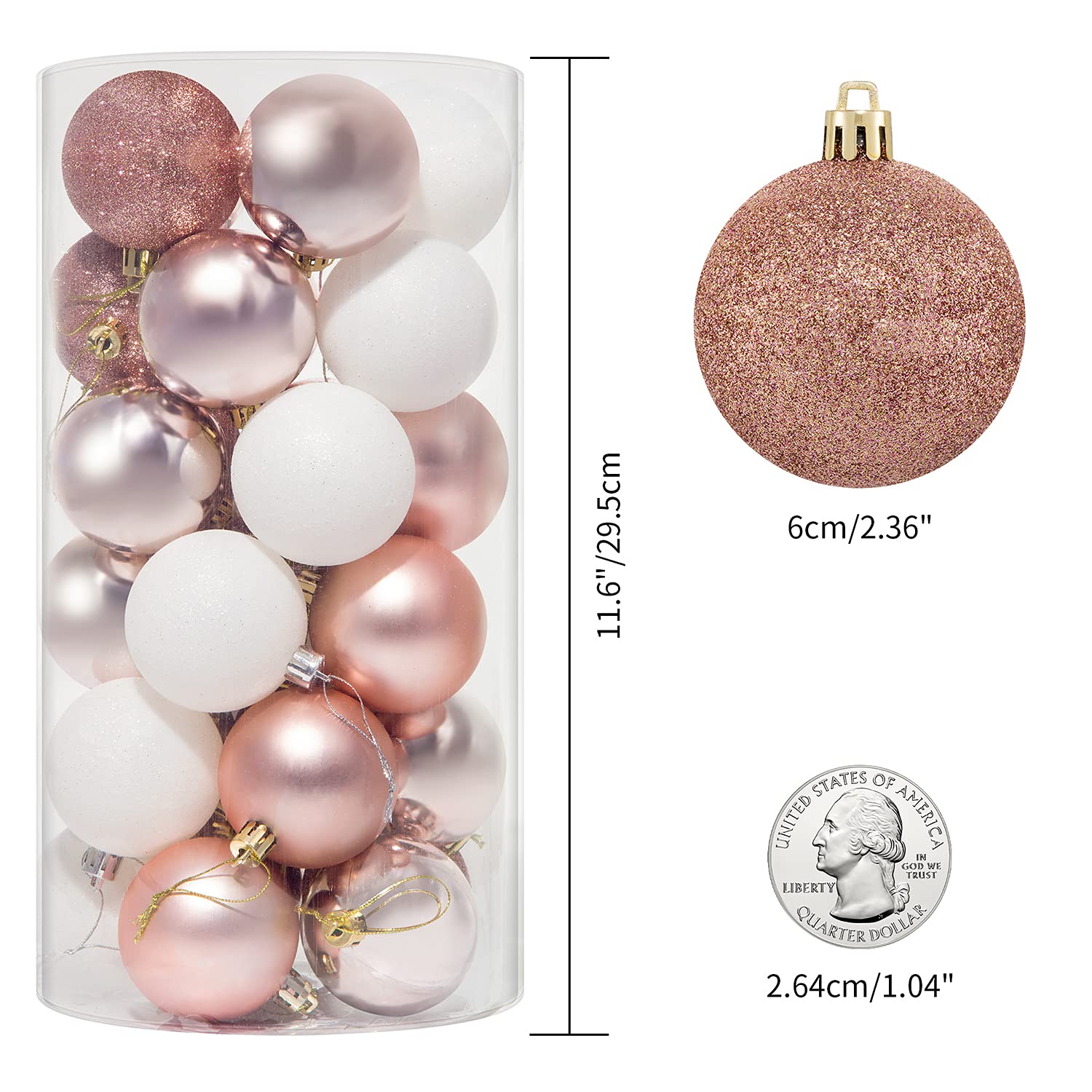 MELOKI 30 bolas de Navidad de 6 cm, adornos de Navidad inastillables, bolas de decoración con adornos de árbol, ganchos para árbol de Navidad, fiesta, boda, oro rosa y blanco