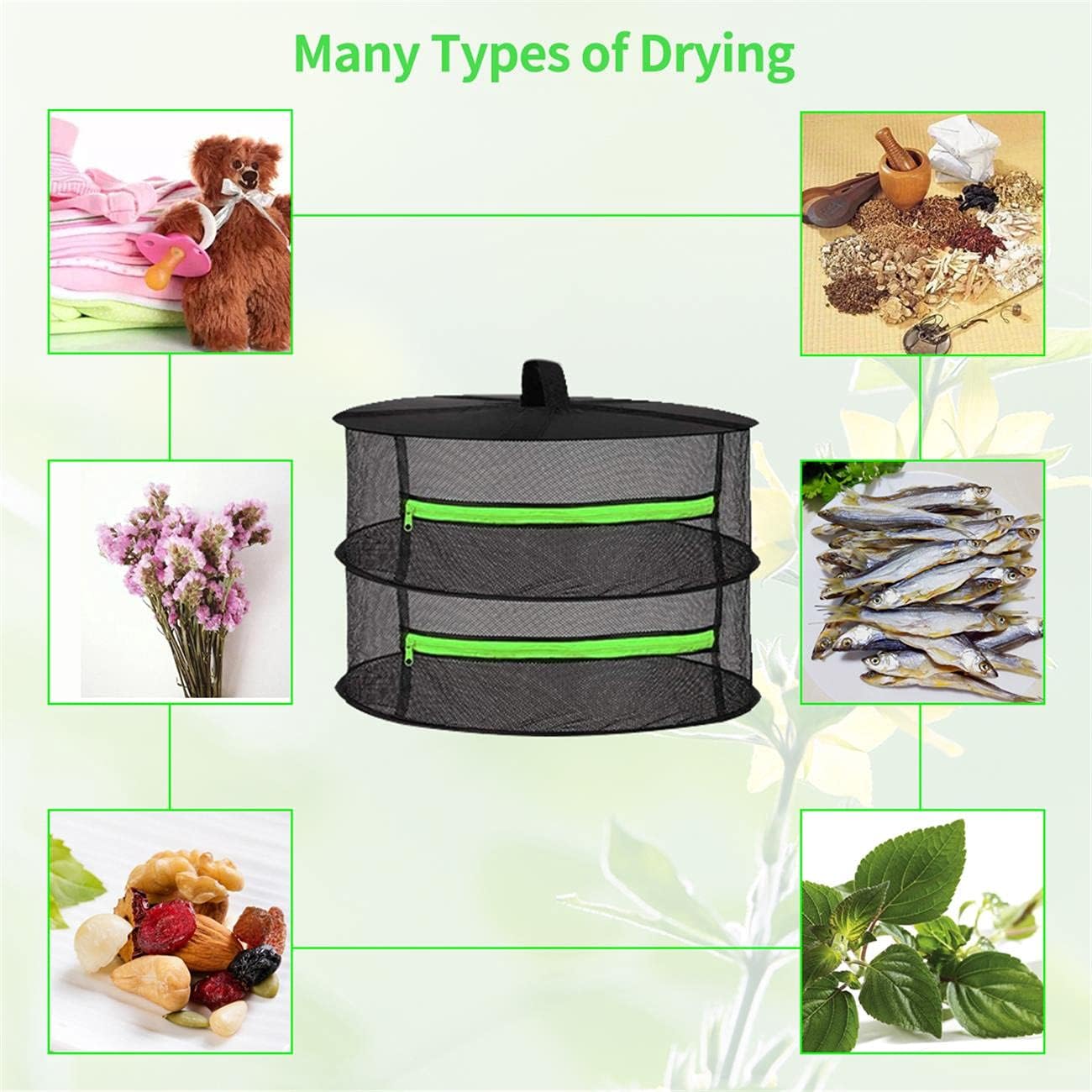 HYDGOOHO Layer 2ft Herb Drying Rack Net Mesh with Green Zippers Hydroponics,Bonus Hook Drying Rack Herbs for Plant Bud Seed, Mesh Hanging Plant Dry,Herb Dry Net for Garden (2 Layer, Zipper Style)
