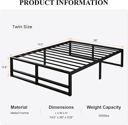 Miniatura 2 de SHA CERLIN Marco de cama de metal de tamaño individual, resistente de 14 pulgadas, espacio de almacenamiento alto debajo de la cama, listones de