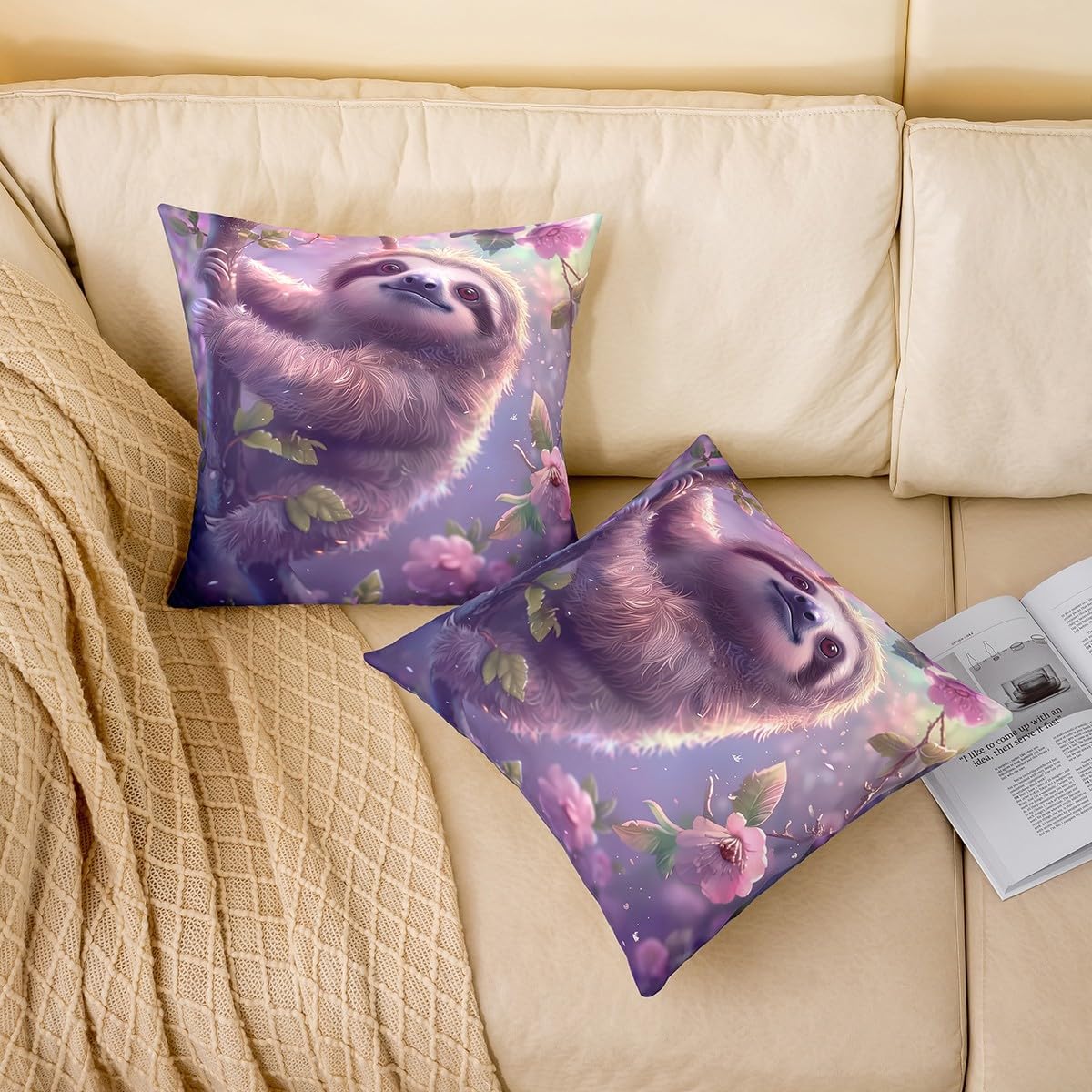 Kawaii Sloth Throw Pillow Covers 24x24 Inch Wild Jungle Animal Soft Square Cushion Case Cute 3D Sloth Pillowcase for Room Decor Purple Cherry Blossom Pillowcase,Set of 2