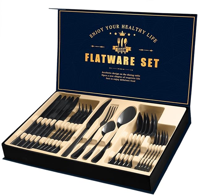 Black Cutlery Set, 24-Piece Stainless Steel Flatware Service , Boxed Silverware Set for 6 People