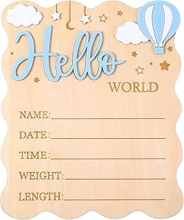 Hello World Newborn Sign, Wooden Newborn Announcement Sign, Boys Girls Birth Information Record Board with Hot Air Balloon Cloud Star Design for Photo Prop for Baby Shower Hospital Nursery