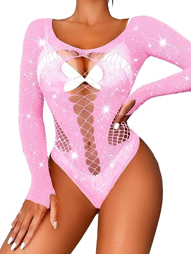 Kaei&Shi Rave Outfits For Women, Rhinestone Bodysuit Fits 0-16, Exotic Dancer Sexy Tops, Fishnet Stripper Plus Size Lingerie - Light Pink