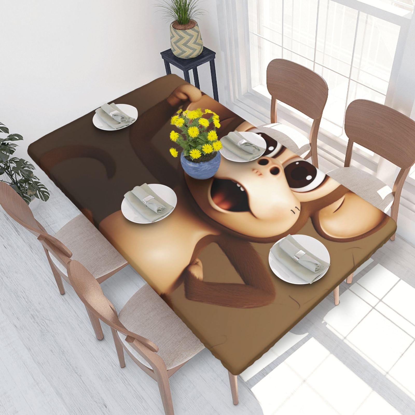 DCARSETCV Cute Monkey Printed 4FT Waterproof Tablecloth with Elastic Edged Protect & Decor Your Table, Oil-proof Washable Table Cloth Cover for Dinner Picnic Party