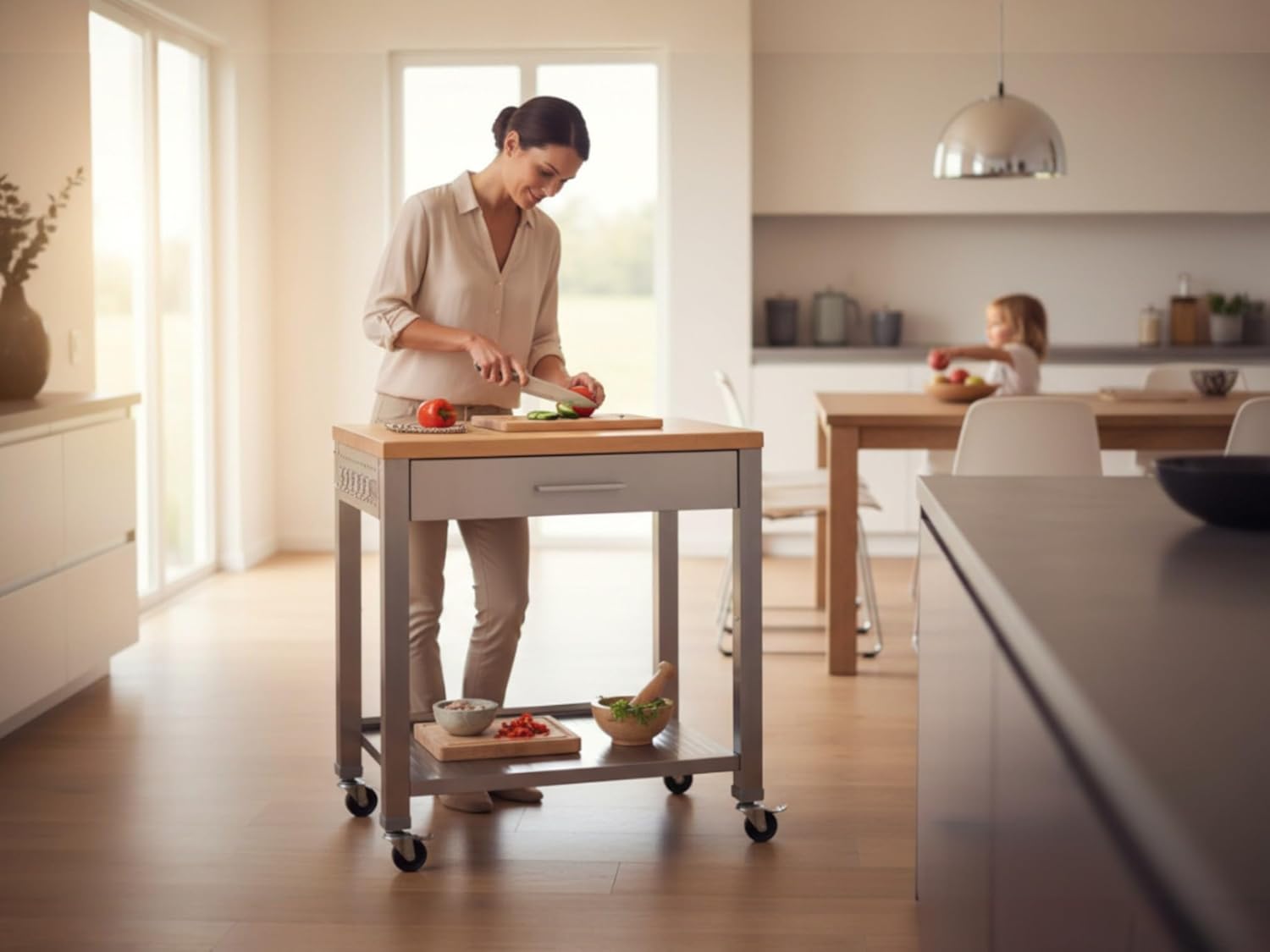 Heavy Duty Stainless Steel Rolling Kitchen Cart with Solid Wood Top and Drawers, (Stainless Steel, 30" W x 20" D x 36" H)