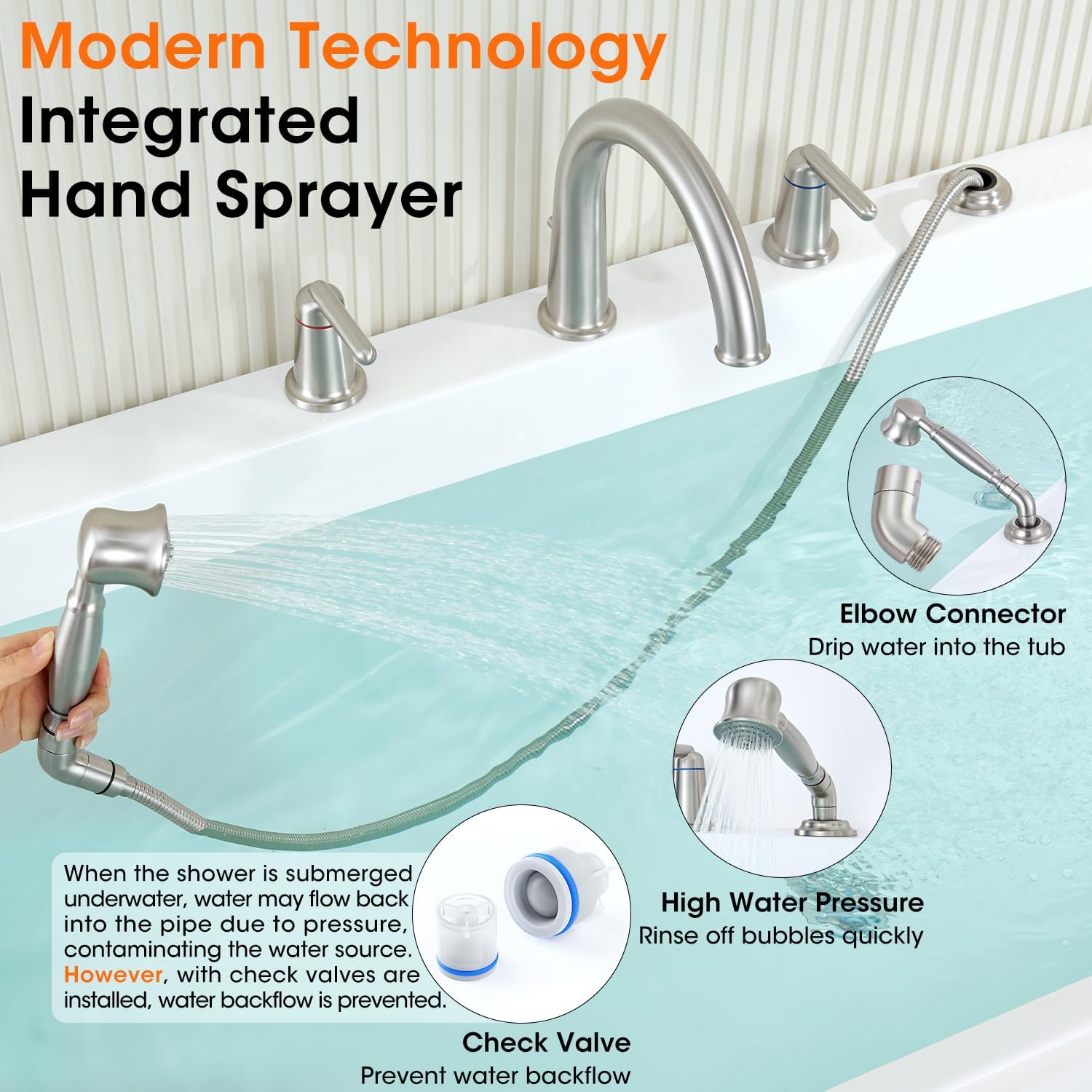 Tub Faucet Set, Roman Bathtub Faucet Set with Valve and Diverter Brass Vintage Bath Faucet for Tub Widespread 4 Hole 2 Handle Classic Gooseneck High Flow Tub Filler with Sprayer Brushed Nickel