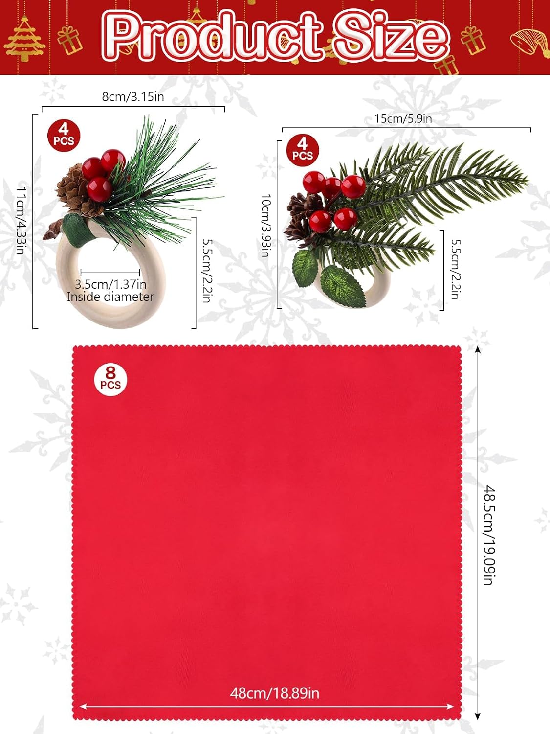 16 PCS Christmas Napkins and Rings Set, Lanstics 8PCS Xmas Napkin Buckles and 8PCS Red Washable Christmas Napkins Cloth Red Berries Napkin Holders for Christmas Holiday Dinner Party Table Decoration