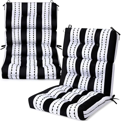 2 Pack High Back Outdoor Chair Cushions Bulk Waterproof Indoor Outdoor Chair Cushion Seat and Back Rocking Chair Cushion Thickened Patio Chair Pad for Indoor and Outdoor (Classic Strip)