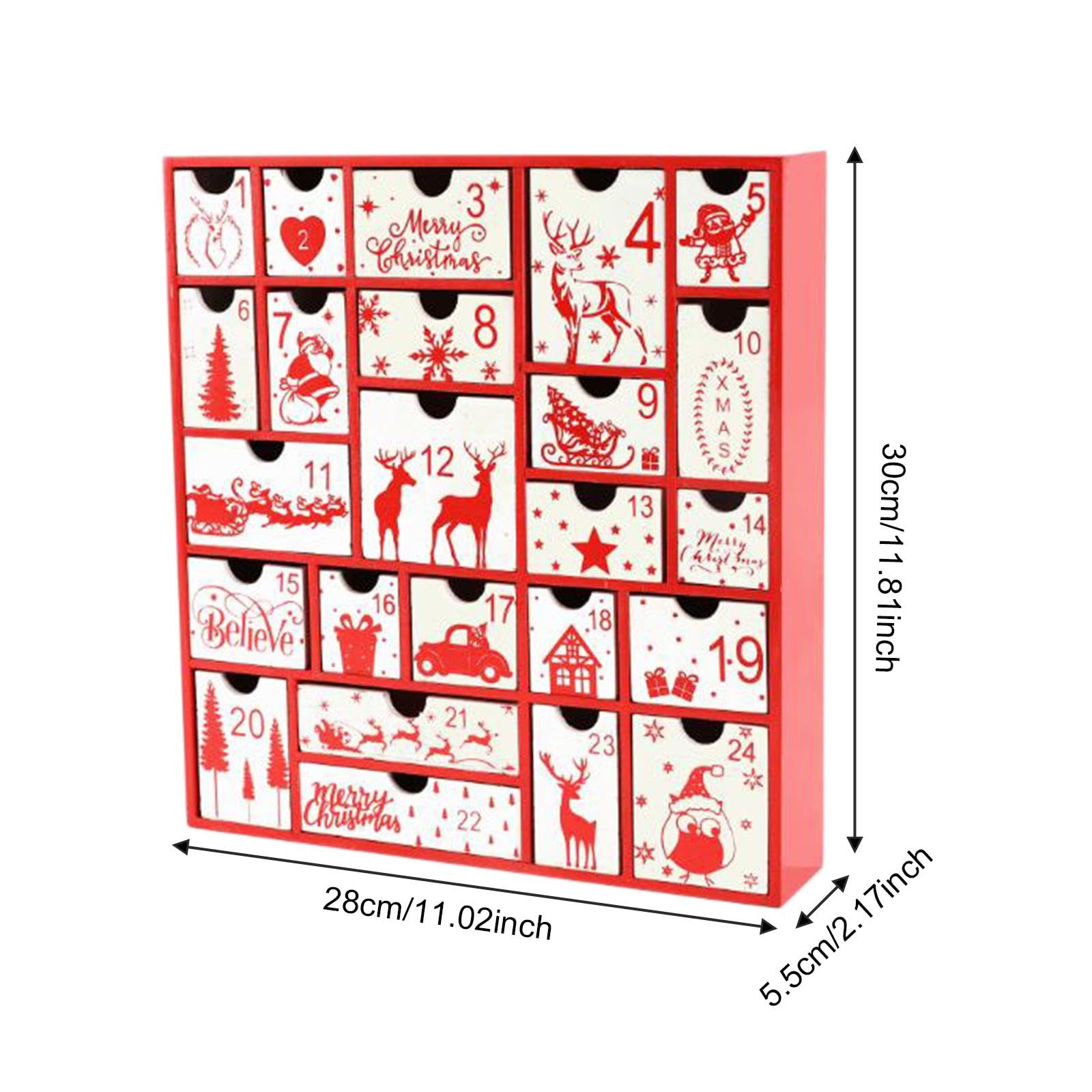 MERIGLARE Calendario de Adviento Caja Navidad Madera Vacía para Rellenar Sorpresas Decoración Tradicional Navideña Adecuado para Regalo Celebración en Casa, Rojo, Individual