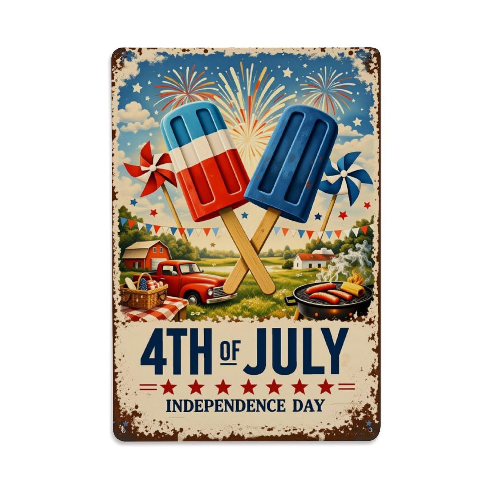 Jdfenggu Vintage Patriotic Fireworks Popsicles Picnic Grill Retro Metal Tin Sign, Decor Art Poster For Bar, Home, Man Cave, Kitchen, Laundry Room Gift 8X12inch
