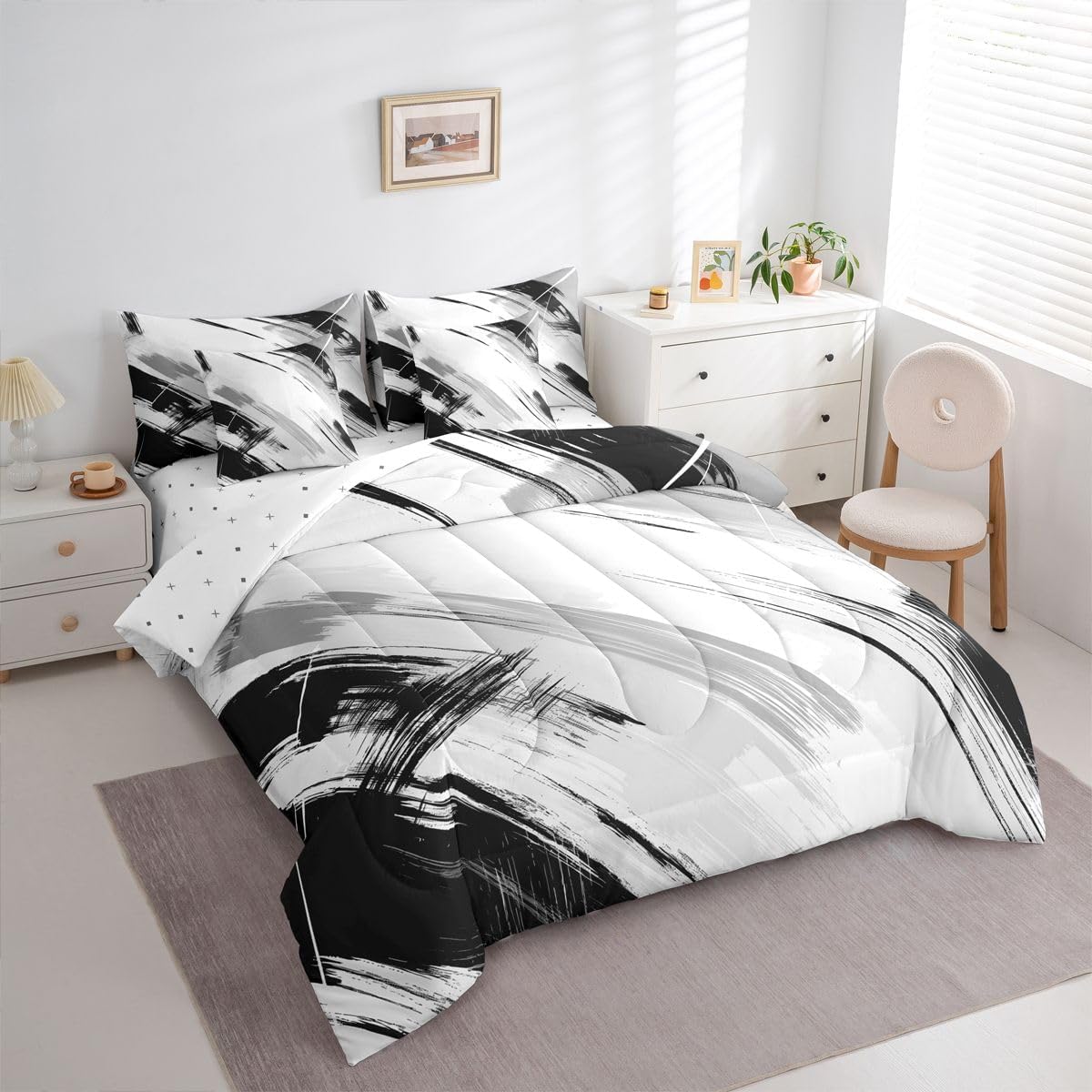 Feelyou Abstract Stripes Comforter Set Queen Size 7 Pieces Geometric Bedding Set for Kids Boys Girls Geometry Bed in a Bag with Comforter, Sheets, Pillowcases, Cushion Covers Modern Striped Art