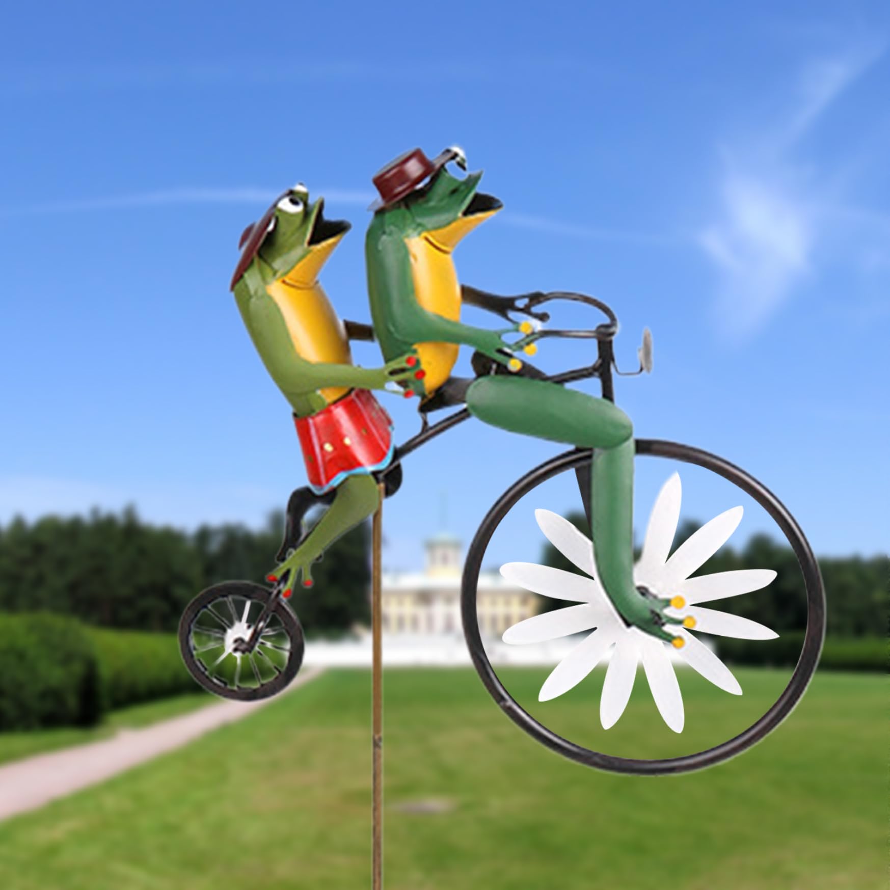 Sculture per il ventare, filatori del ventare per giardino in bicicletta in metallo rane del ventare su un ornamento da giardino del mulino a ventare