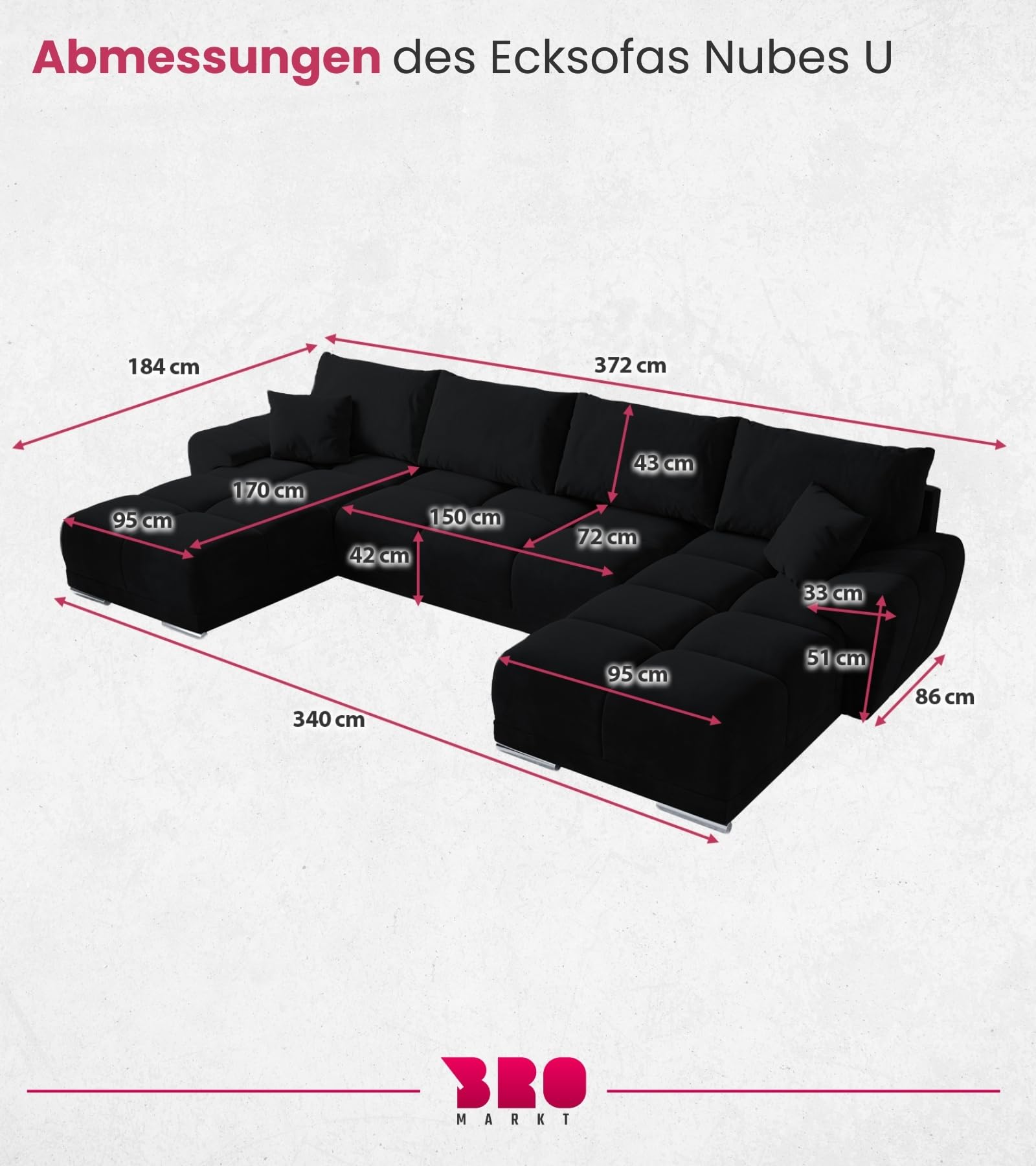 BROMARKT Ecksofa mit Schlaffunktion und Bettkasten 372x184x85 cm Sofa Eckcouch Wohnlandschaft U Form Couch Bettsofa siebensitzer Schlafsofa NUBES U Graphit