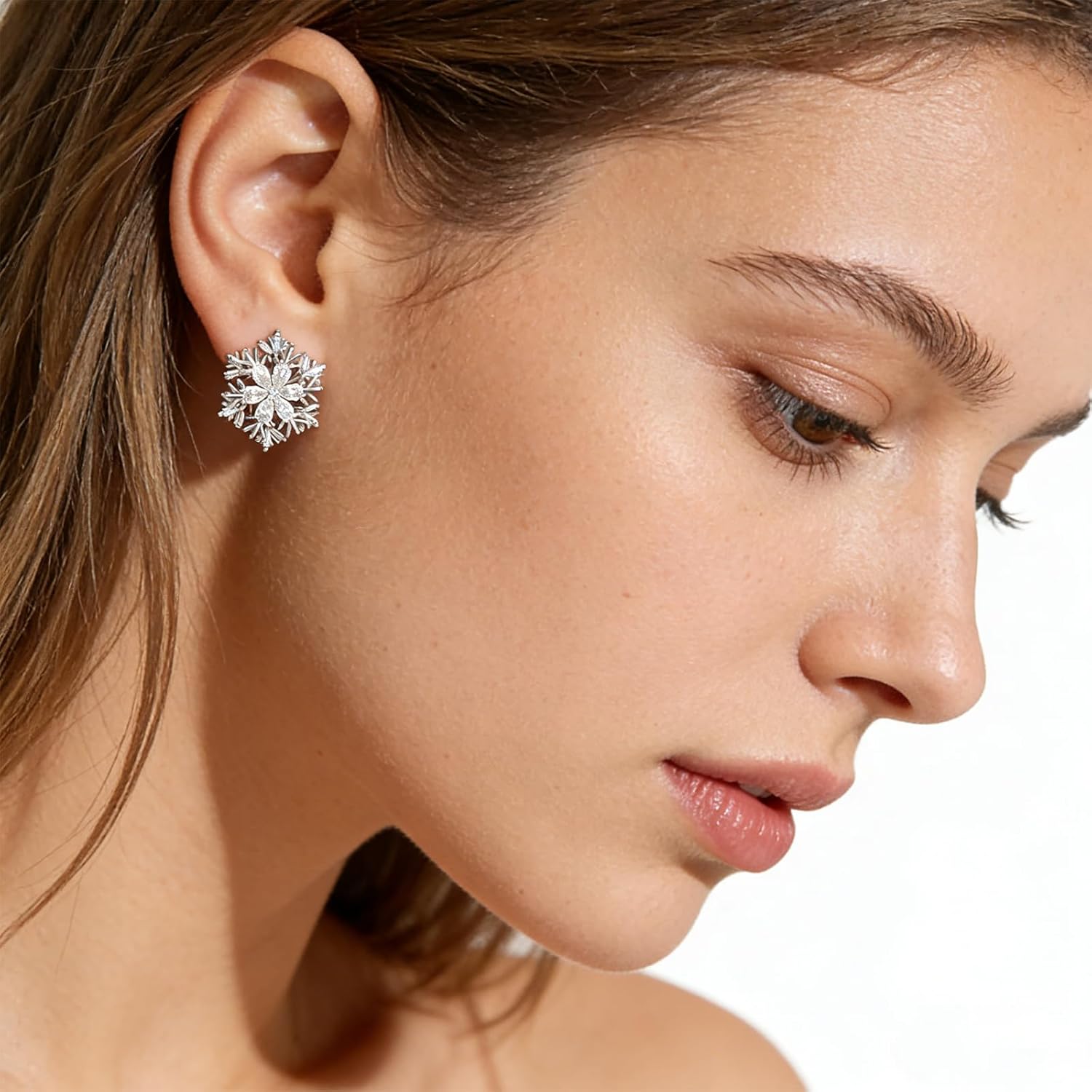 Gold Silver Snowflake Rhinestone Stud Earrings for Women, Sparkly Statement Flower Elegant Earring Hypoallergenic Wedding Winter Christmas Jewelry Gift - Image 2